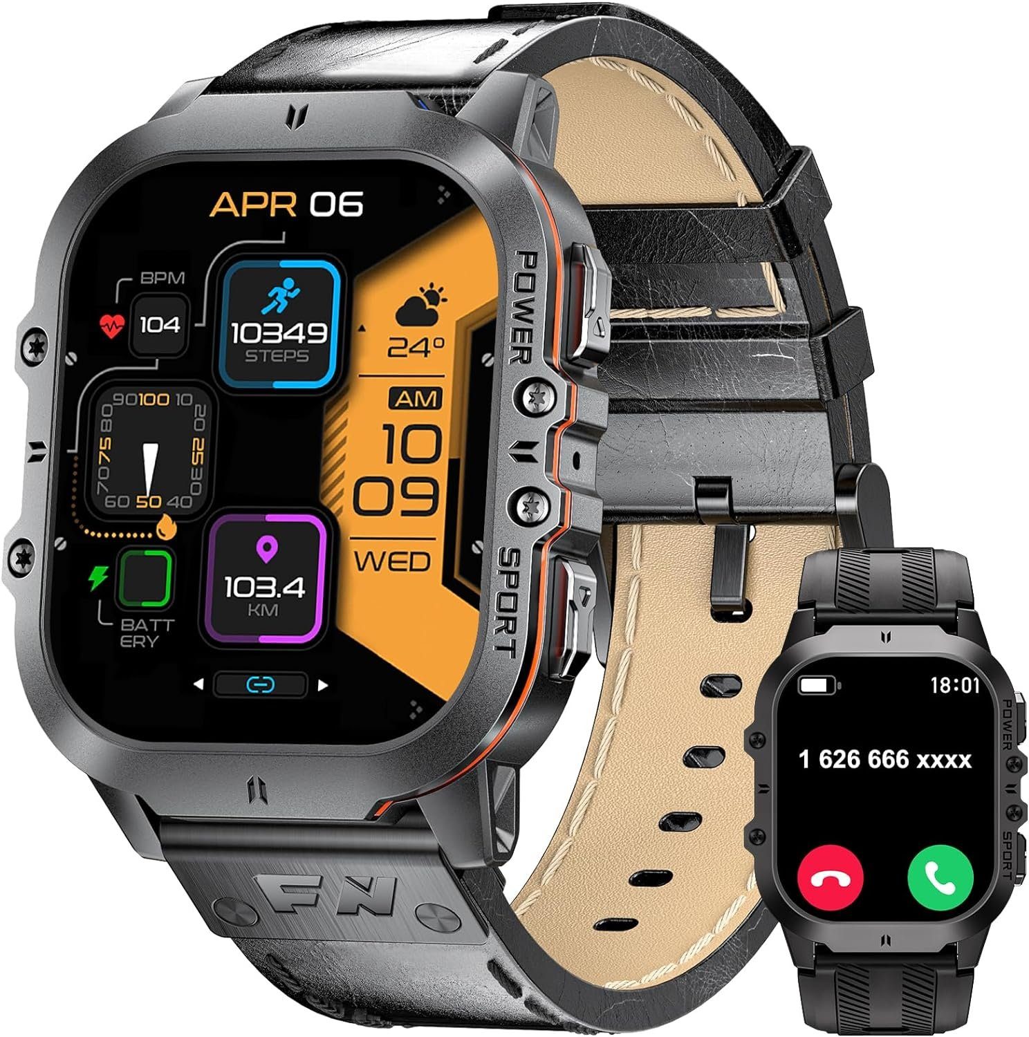 FoxBox Smartwatch (1,96 Zoll, Android, Smartphone), Herren mit Anrufen, Bluetooth 1,96 Zoll AMOLED Militär 100 + Sportmodi