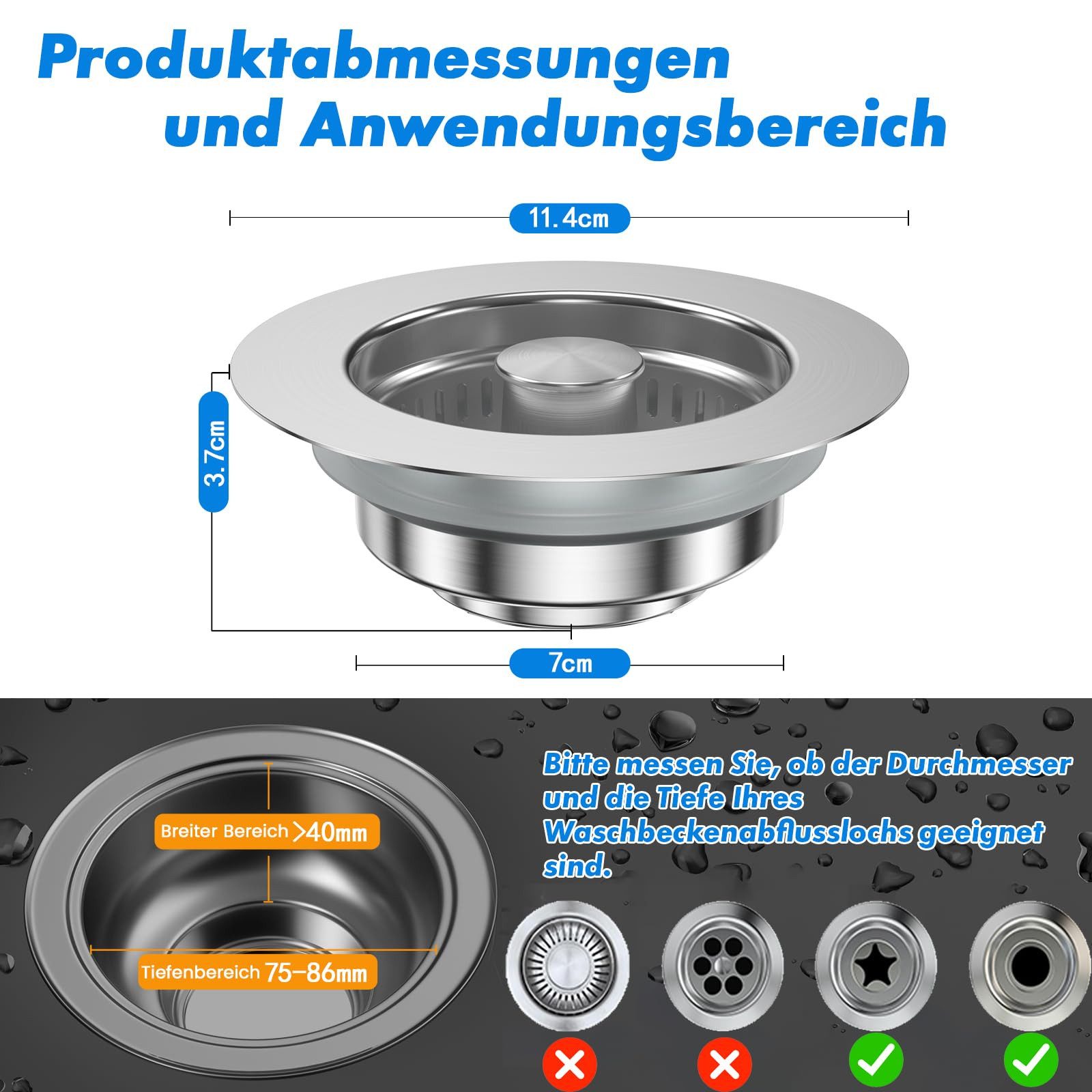 Venkuber Küchensieb Universal Siebkörbchen Abflusssieb Küchenspüle und Edelstahl, Waschbeckenstöpsel, 3-in-1 Pop-Up Edelstahl Abflussstopfen