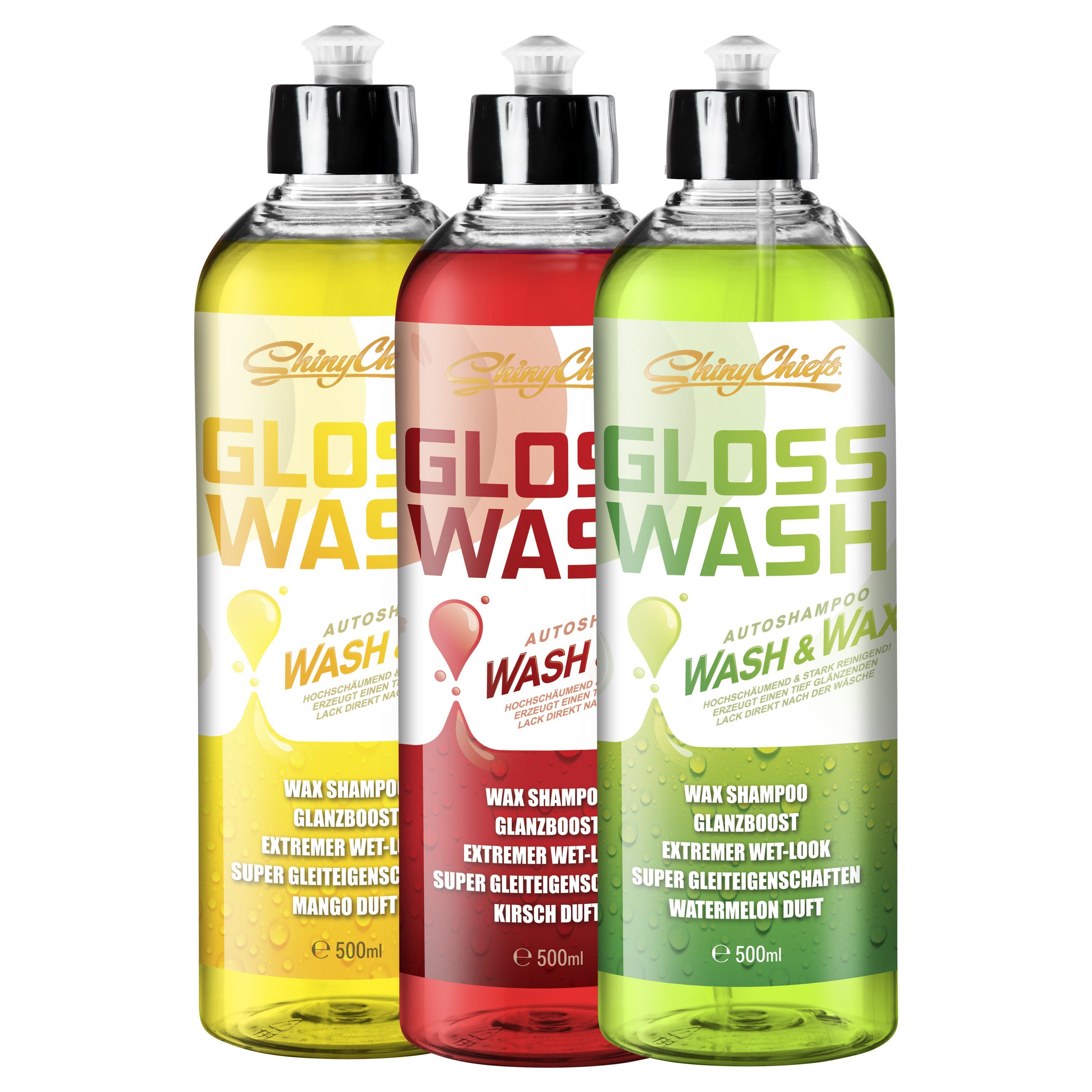 ShinyChiefs 3er Pack GLOSSWASH SHAMPOO KIT - WASH & WAX (3x500ml) Autoshampoo (3-St)