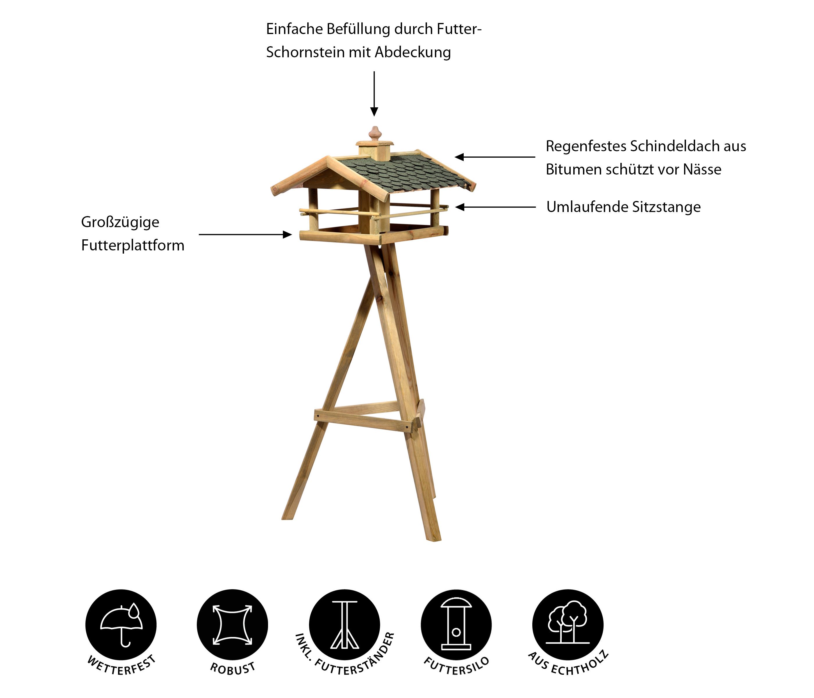 Dehner Vogelhaus Natura Vogelhaus Kaiserwinkel, 62 x 68 x 144 cm, Holz / Bitumen, mit Futtersilo, wetterbeständiges Bitumen-Schindeldach