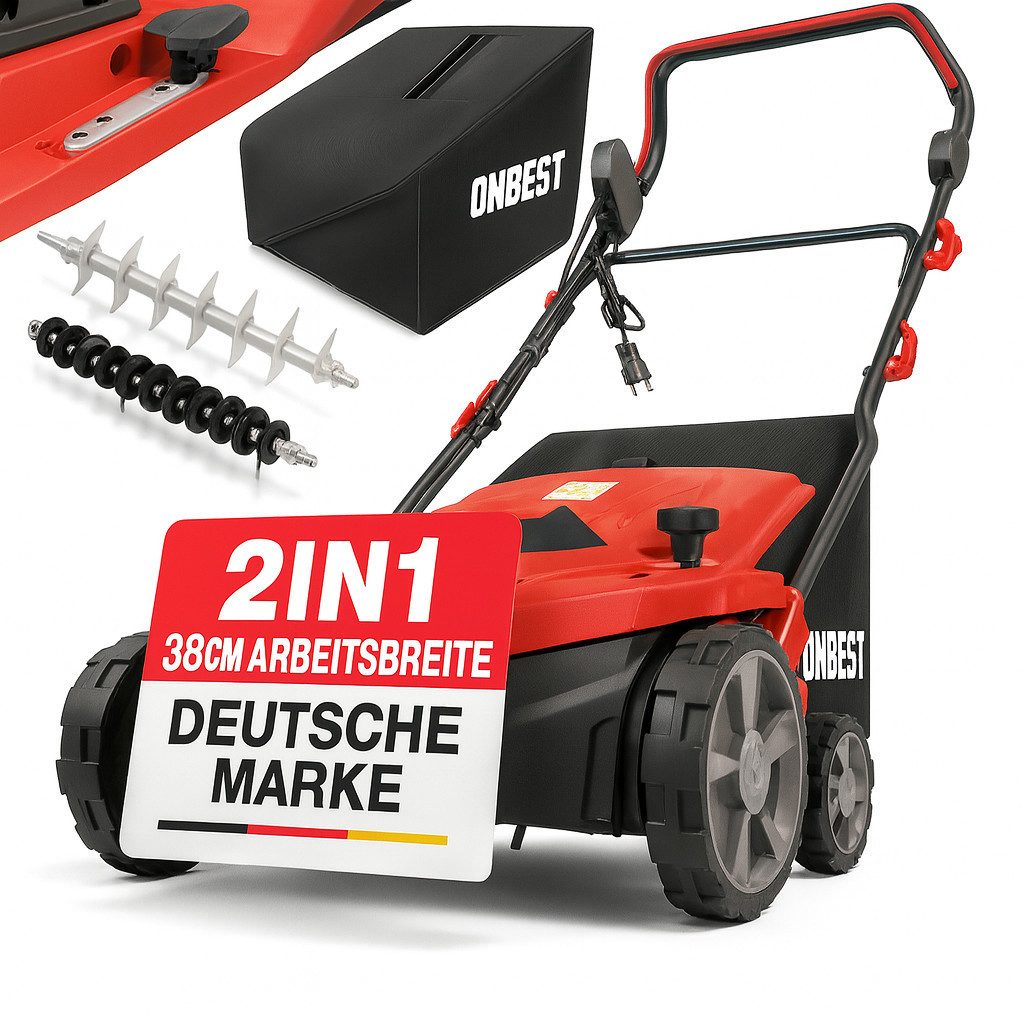 Onbest Elektro-Vertikutierer / Lüfter S1838 2in1 mit 1800 W, 38,00 cm Arbeitsbreite, (4-tlg), 45L Fangkorb, 24 Federkrallen, 16 Doppelmesser