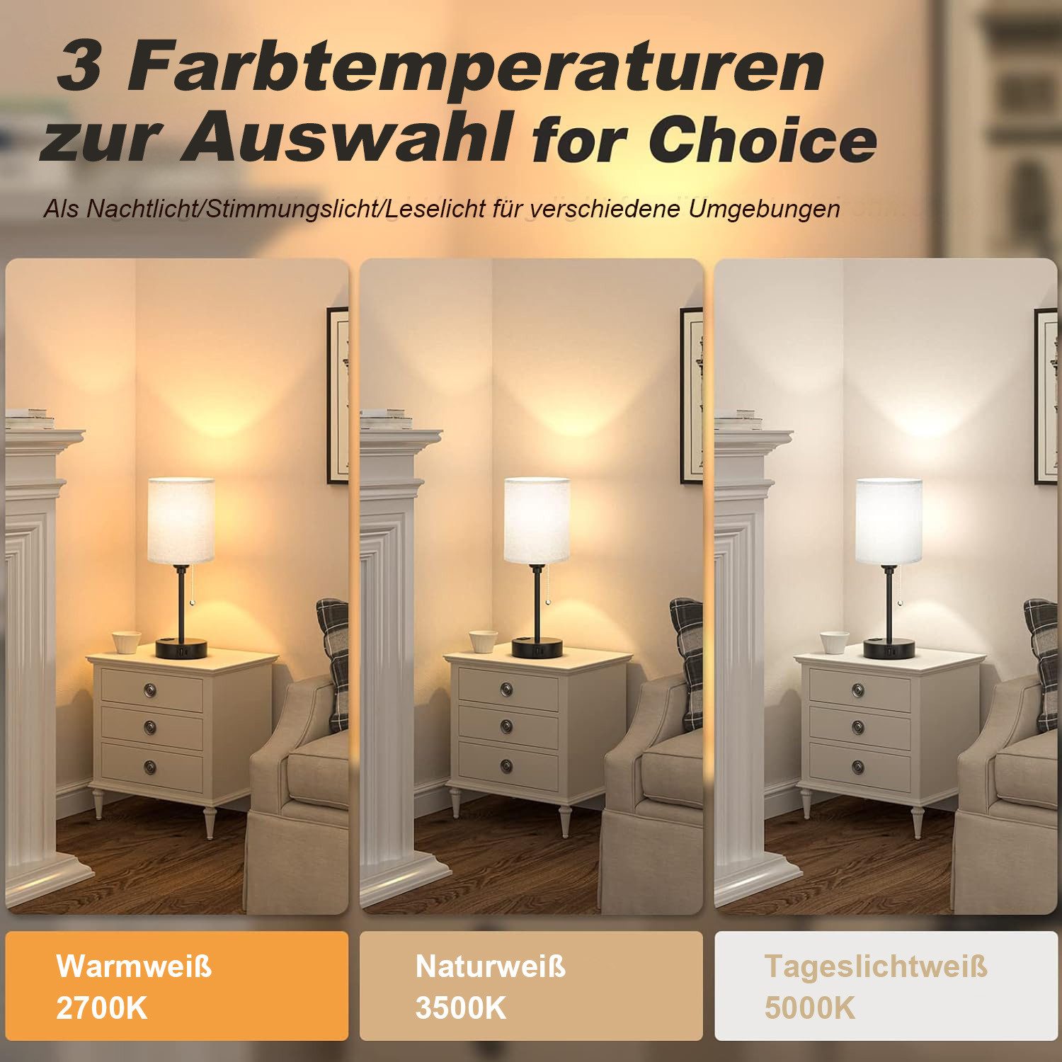 Lapalife Nachttischlampe 3 Farbtemperaturen Tischlampe mit USB A und C, Reißverschlussschalter, Mit LED Birne Kleine Lampen für Nachttisch Wohnzimmer Schlafzimm – Bild 4 von 5