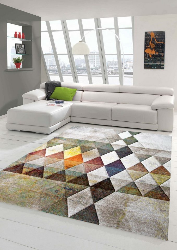 Teppich Designer Teppich Moderner Teppich Wohnzimmer Teppich Kurzflor  Teppich mit Konturenschnitt Karo Muster Multi Farben Orange Grün Braun,  Teppich-Traum, rechteckig, Höhe: 13 mm