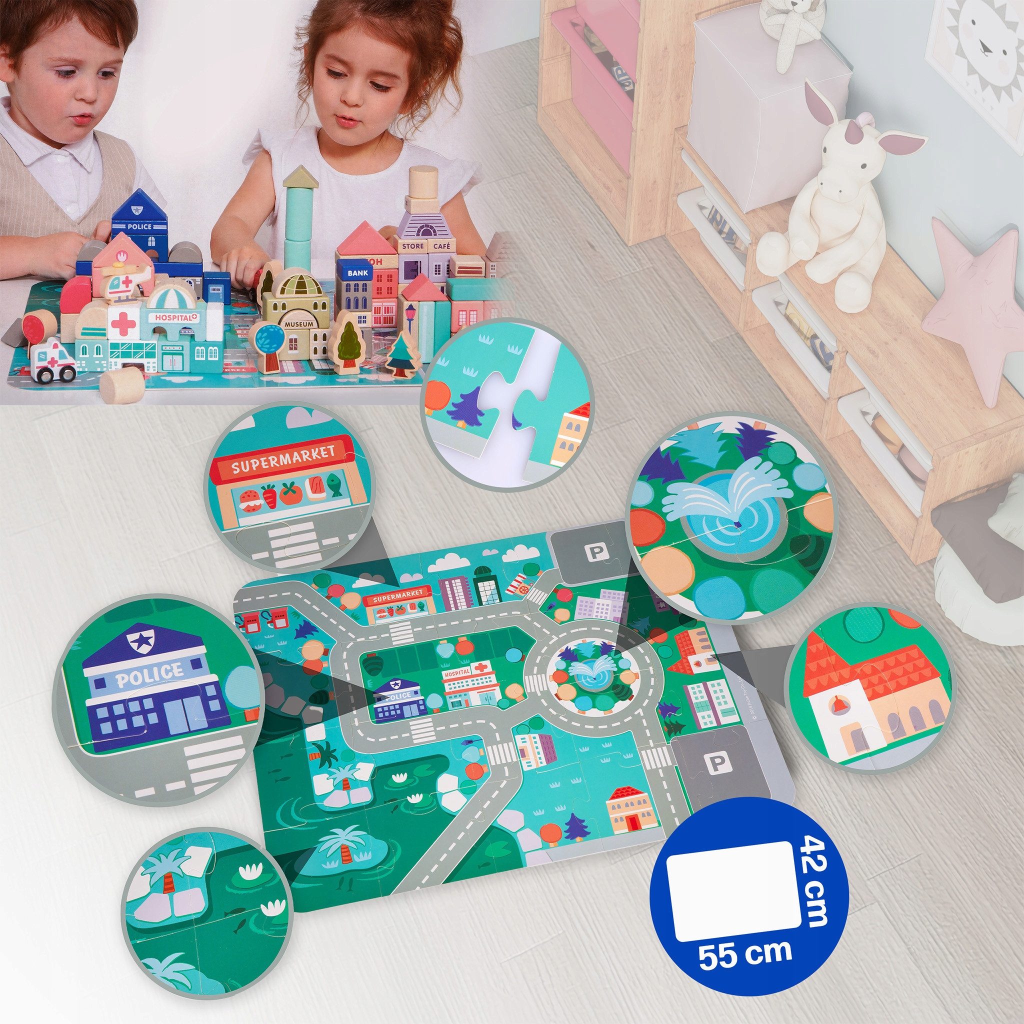 Kinderplay Dolls & Strollers Holzbausteine Stadt Set – 115 tlg Lernspiel – ab 3 Jahren – mit Matte Holzbaukasten, (Set, Holz-Bausteine-Set 115-tlg) – Bild 5 von 5