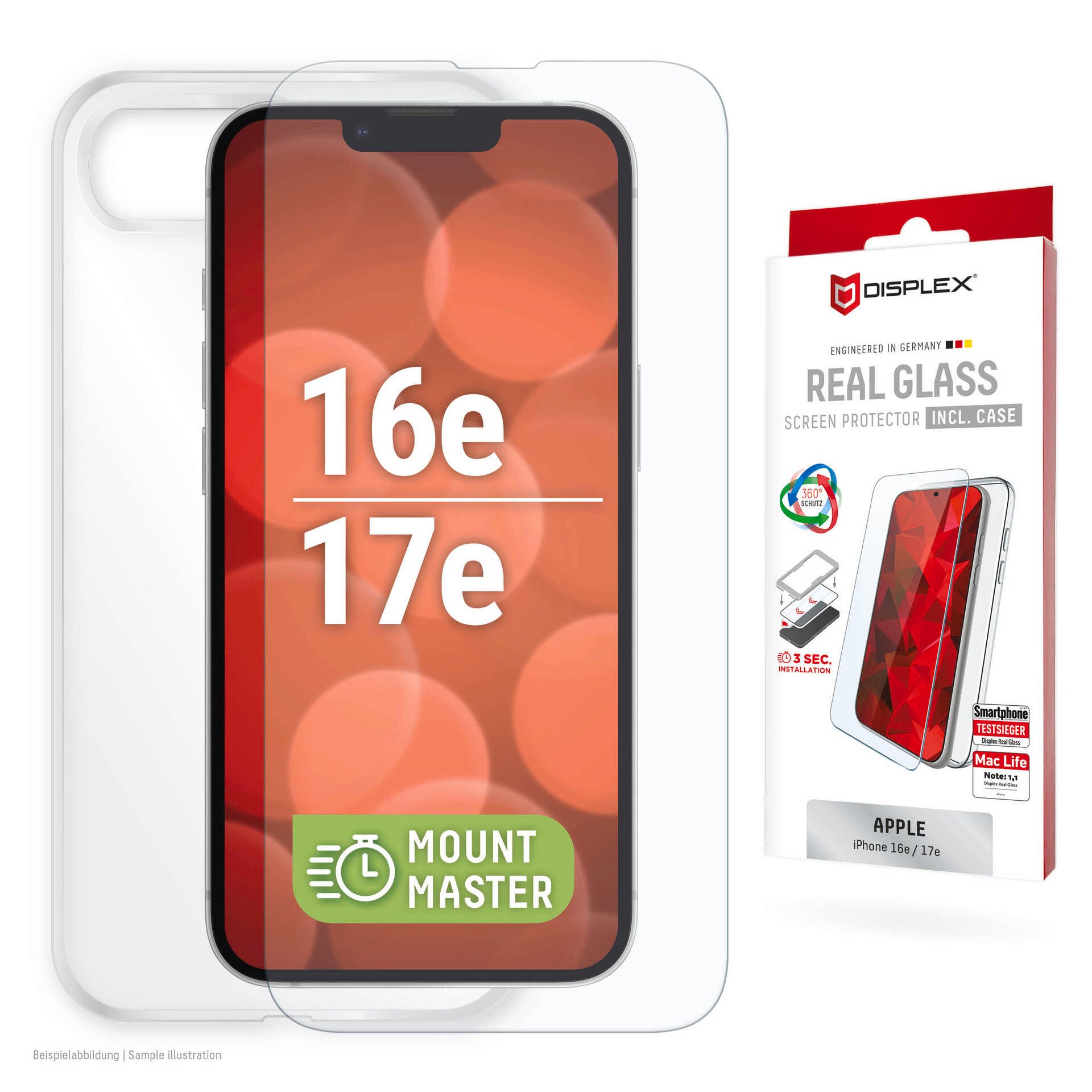 Displex Displayschutzglas Real Glass Screen Protector + Case mit EASY-ON MountMaster für Apple iPhone 16e, Apple iPhone 17e, Displayschutzfolie, Schutzfolie, Bildschirmschutz, kratz- & stoßfest