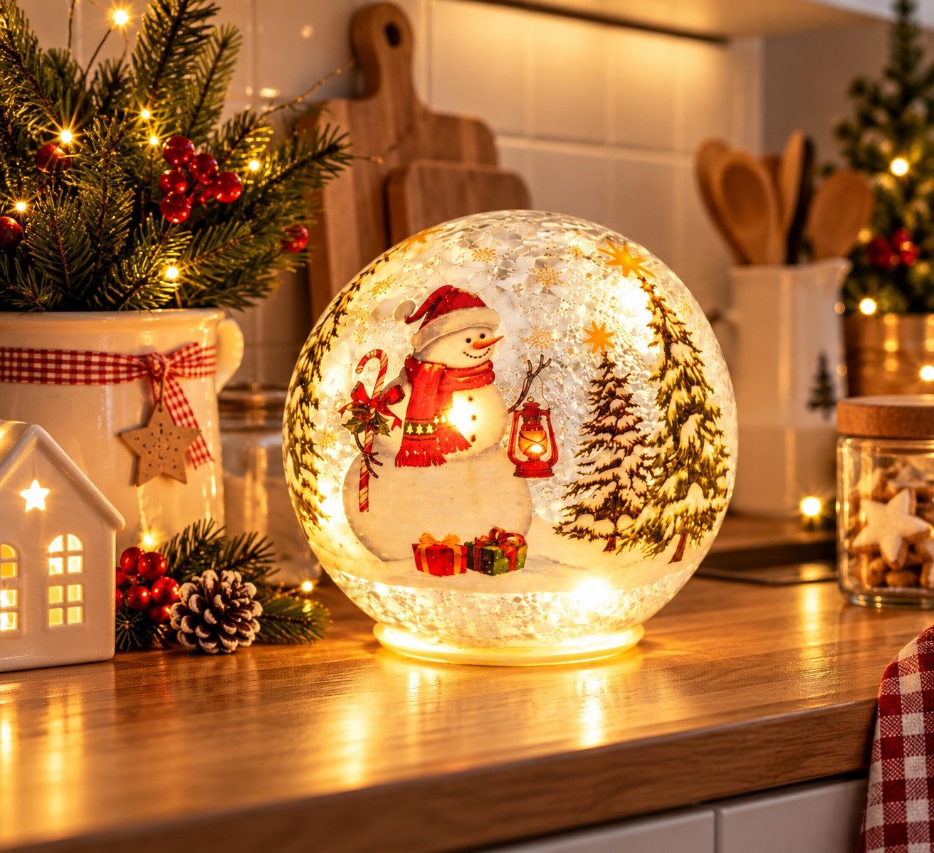 formano LED Kugelleuchte LED Deko Kugel Schneemann mit Timer, Glas, 12, 15 cm oder 2er-Set