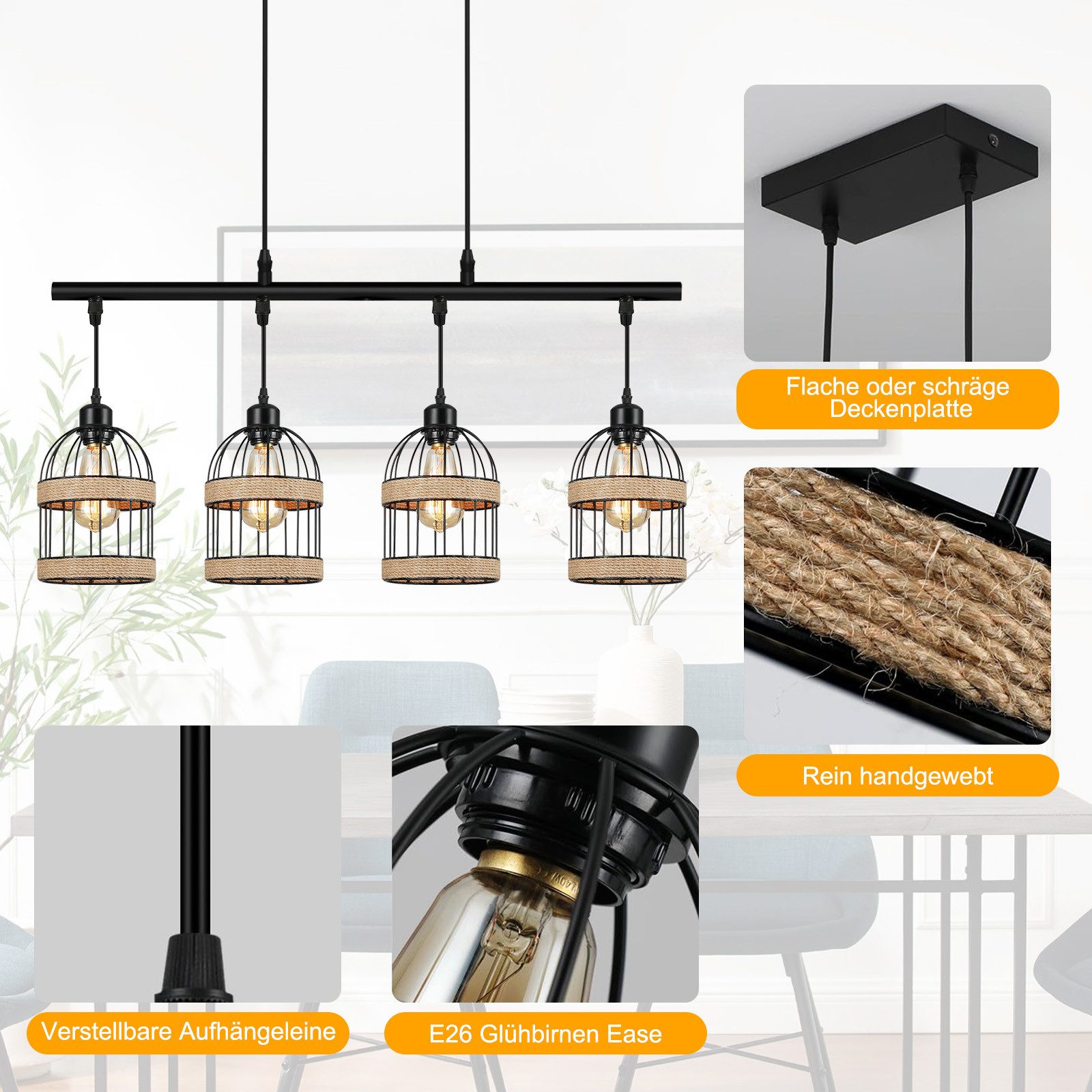 Rosnek Pendelleuchte 4-Licht Rattan hängelampe 4W, Schwarz, Modern Semi-Flush, Halogen, Für Kücheninsel, Esszimmer, Wohnzimmer, Industrial Stil