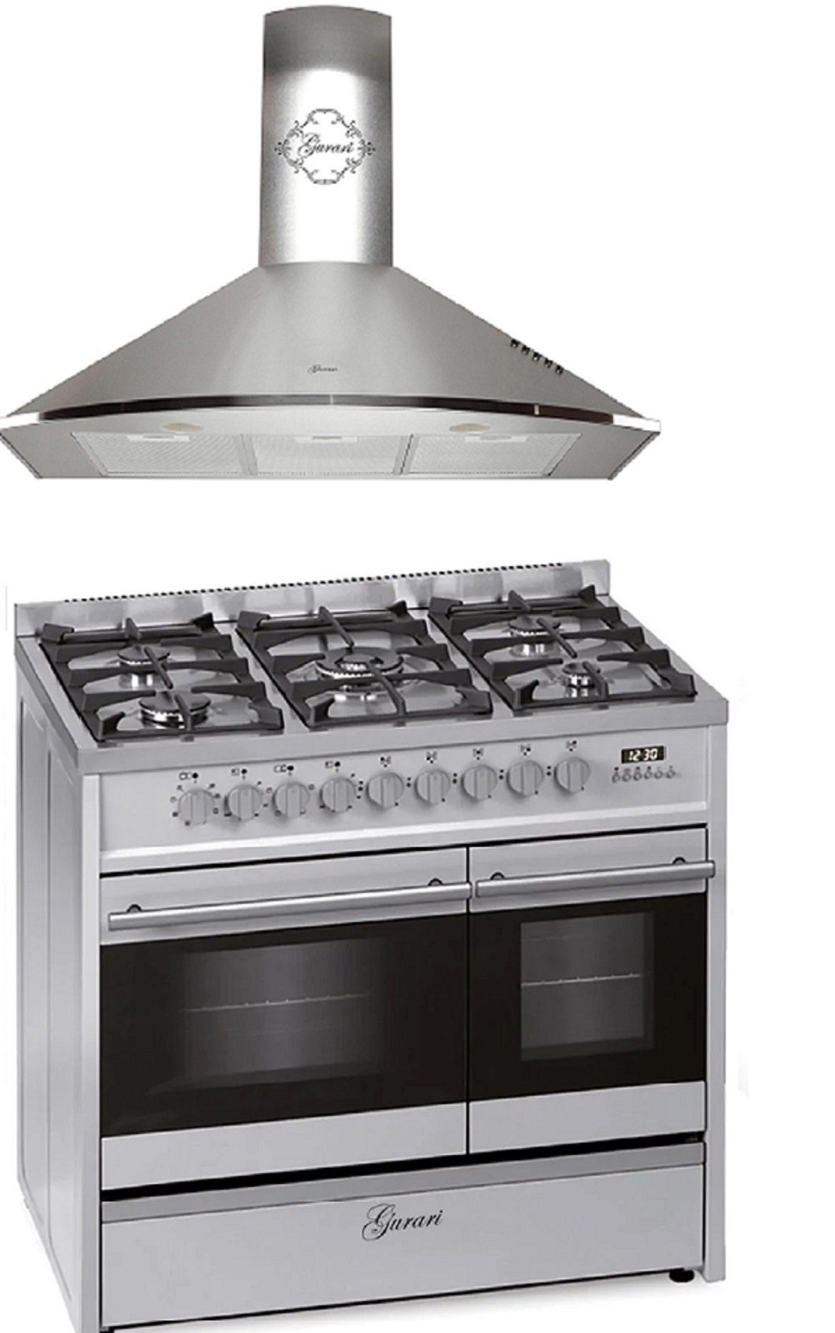 GURARI Gasherd-Set Gas Elektro Standherd 90 cm, Range Coocker 89L, 8 Funktionen+Dunstabzugshaube 90 cm GCH E 916 X+ GCH 046 IS 9,.,., mit 1-fach-Teleskopauszug
