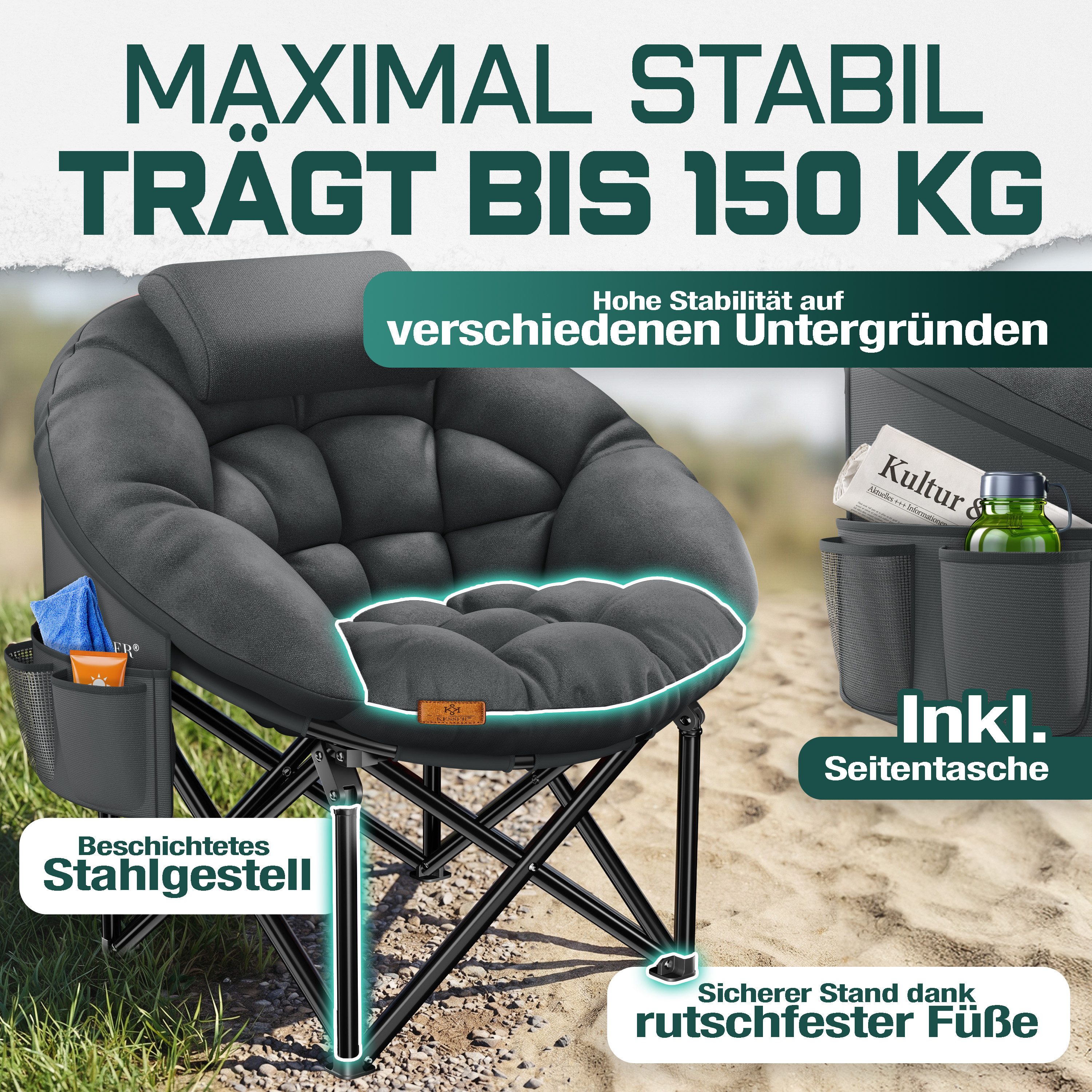 KESSER Campingstuhl XXL faltbar, bis 150 kg, inkl. Kissen, Seitentasche & Cover, Outdoor + Indoor für Camping, Angeln, Festival & Strand – Bild 5 von 5