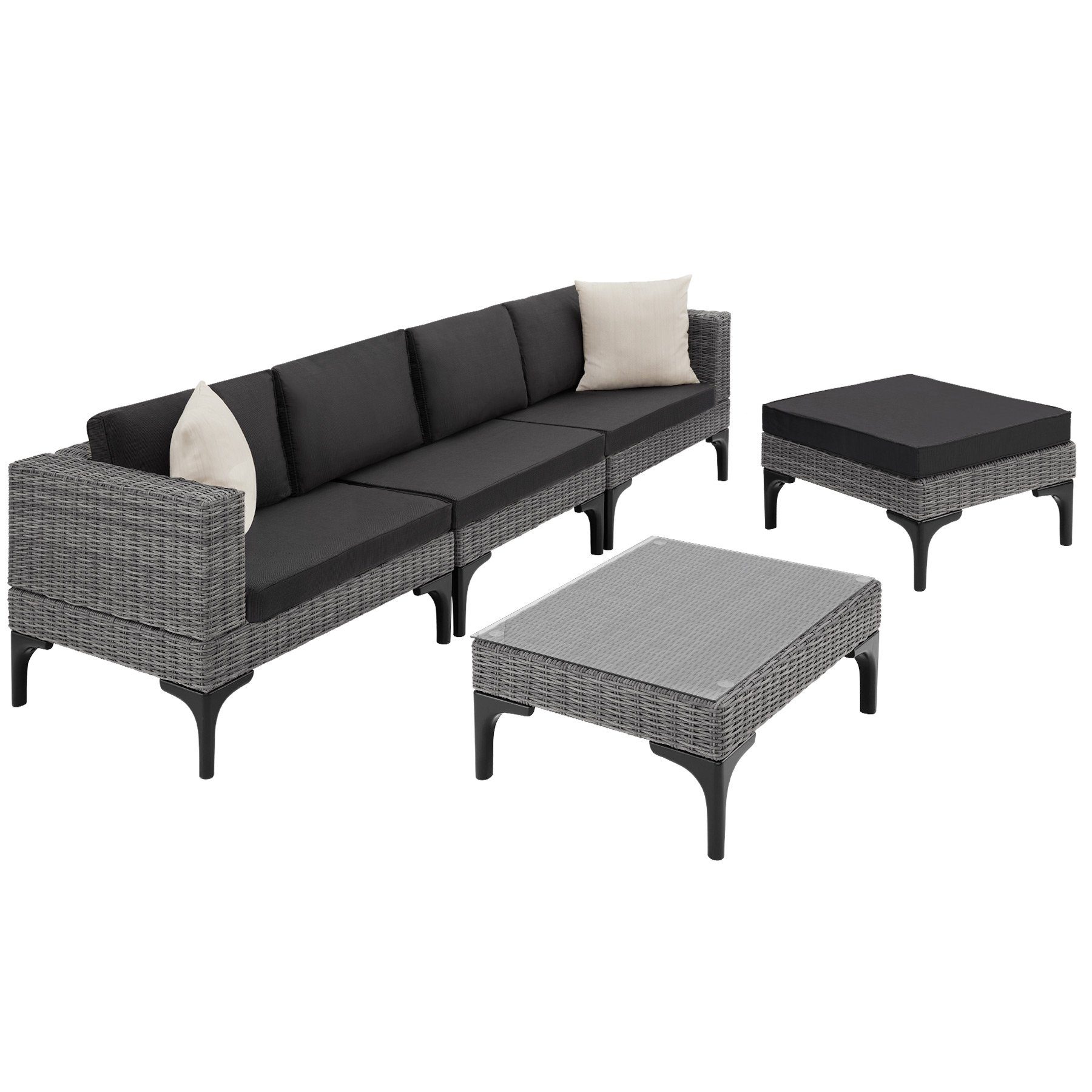tectake Loungeset Rattan Sitzgruppe mit Aluminiumgestell, hochwertiges Geflecht, (Gartenlounge-set Konstanza, 5-tlg., geeignet für Outdoor in Grau), wetterfest und UV-beständig, Dicke der Sitzpolster 8 cm