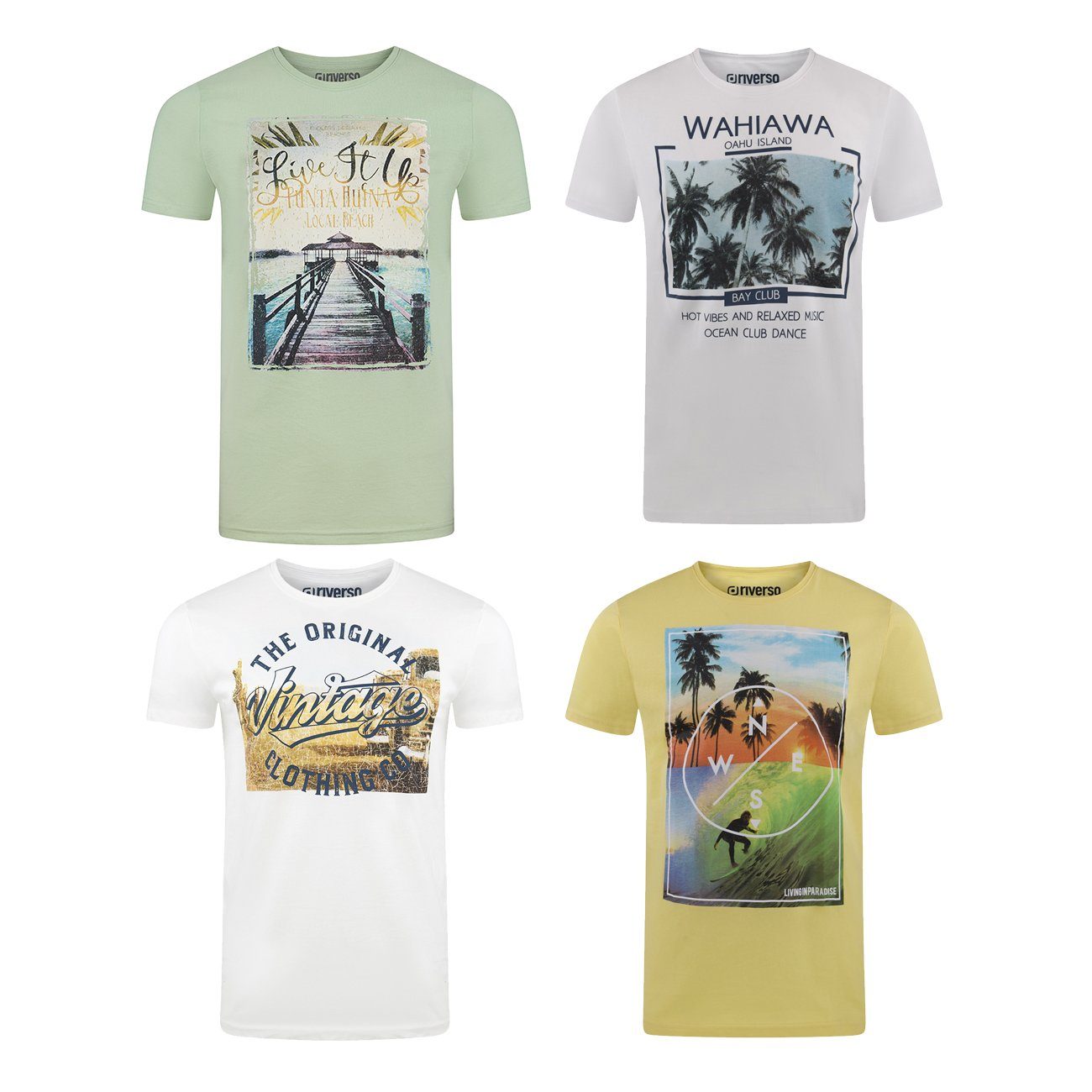 riverso T-Shirt Herren Printshirt RIVLukas 4er Pack Regular Fit (Vorteilspack, 4-tlg) Kurzarm Tee Shirt mit Rundhalsausschnitt aus 100% Baumwolle