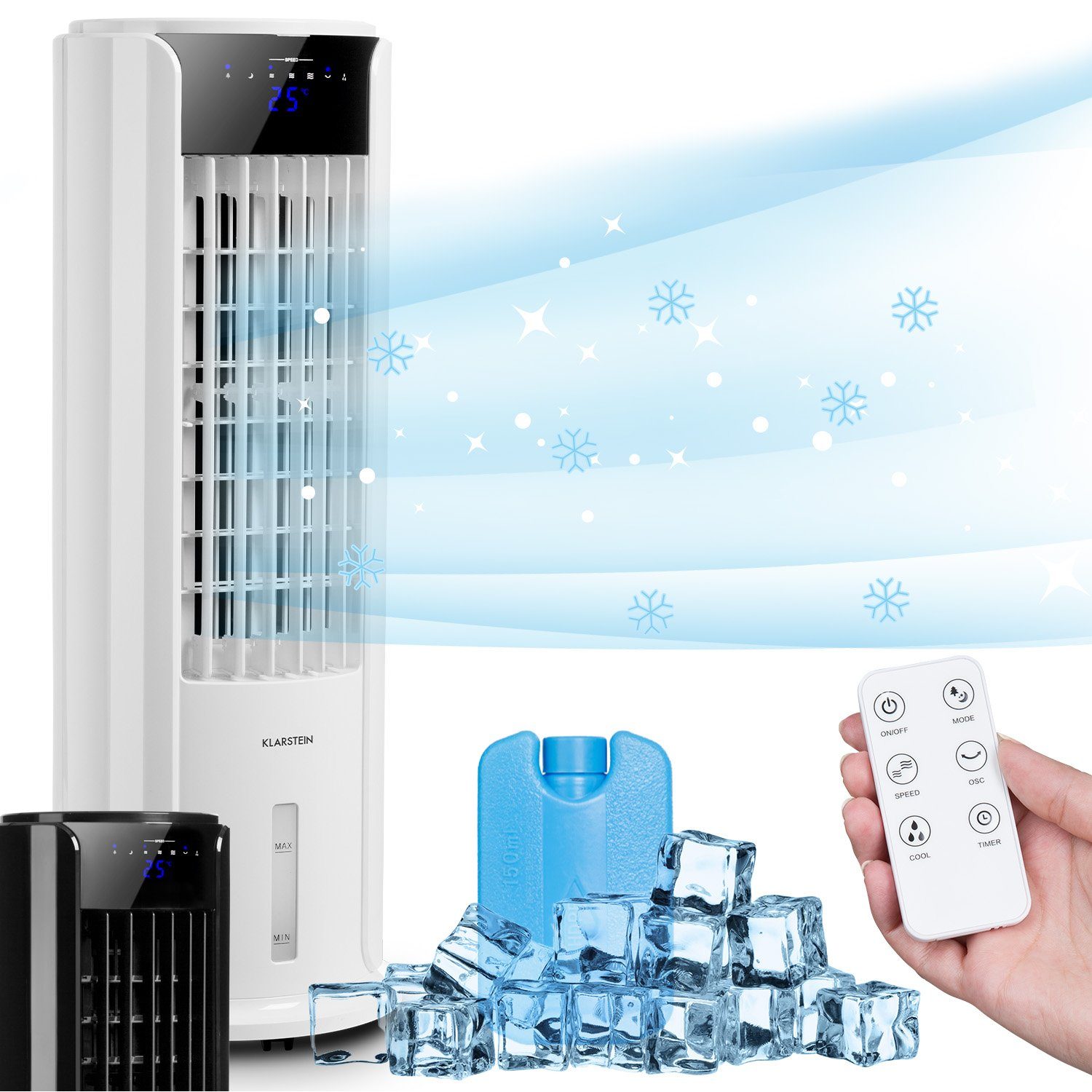 Klarstein Ventilatorkombigerät Skyscraper Horizon Luftkühler, mit Wasserkühlung & Eis mobil Luftkühler ohne Abluftschlauch Weiß