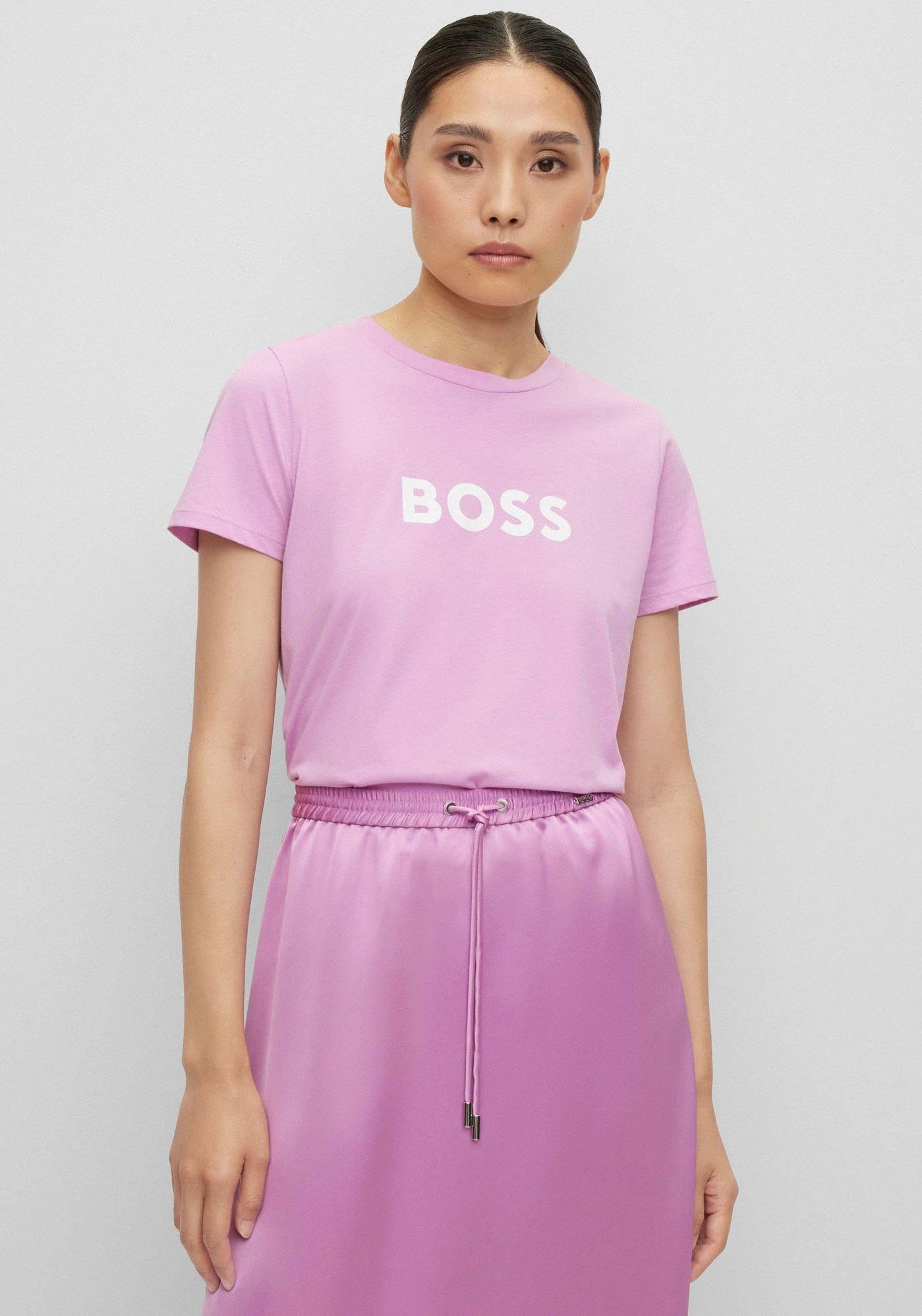 T-Shirt auf Open (1-tlg) BOSS C_Elogo_5 mit der Pink BOSS Logoschriftzug Brust ORANGE