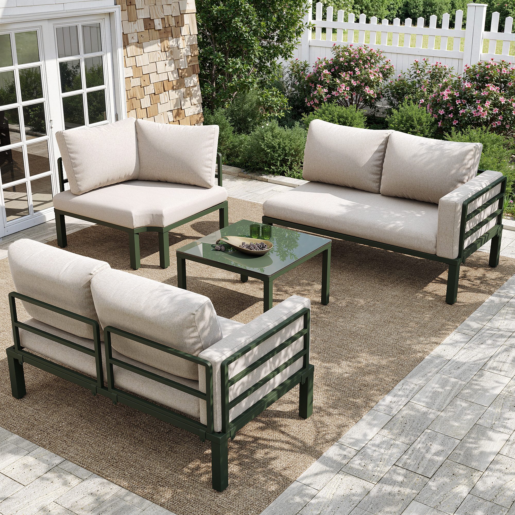 Flieks Gartenlounge-Set, 5-Sitzer Gartenmöbel Gartensofa mit Couchtisch aus gehärtetem Glas