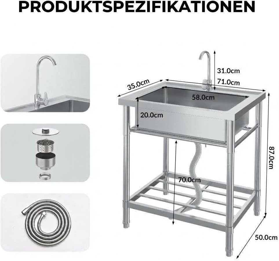 GarveeMore Küchenspüle Freistehende 1 Becken,71x51x86cm Gewerbliche Edelstahl Spülbecken, Edelstahl Spültisch Mit Wasserhahn Kalt Und Warmwasserschläuchen – Bild 2 von 5