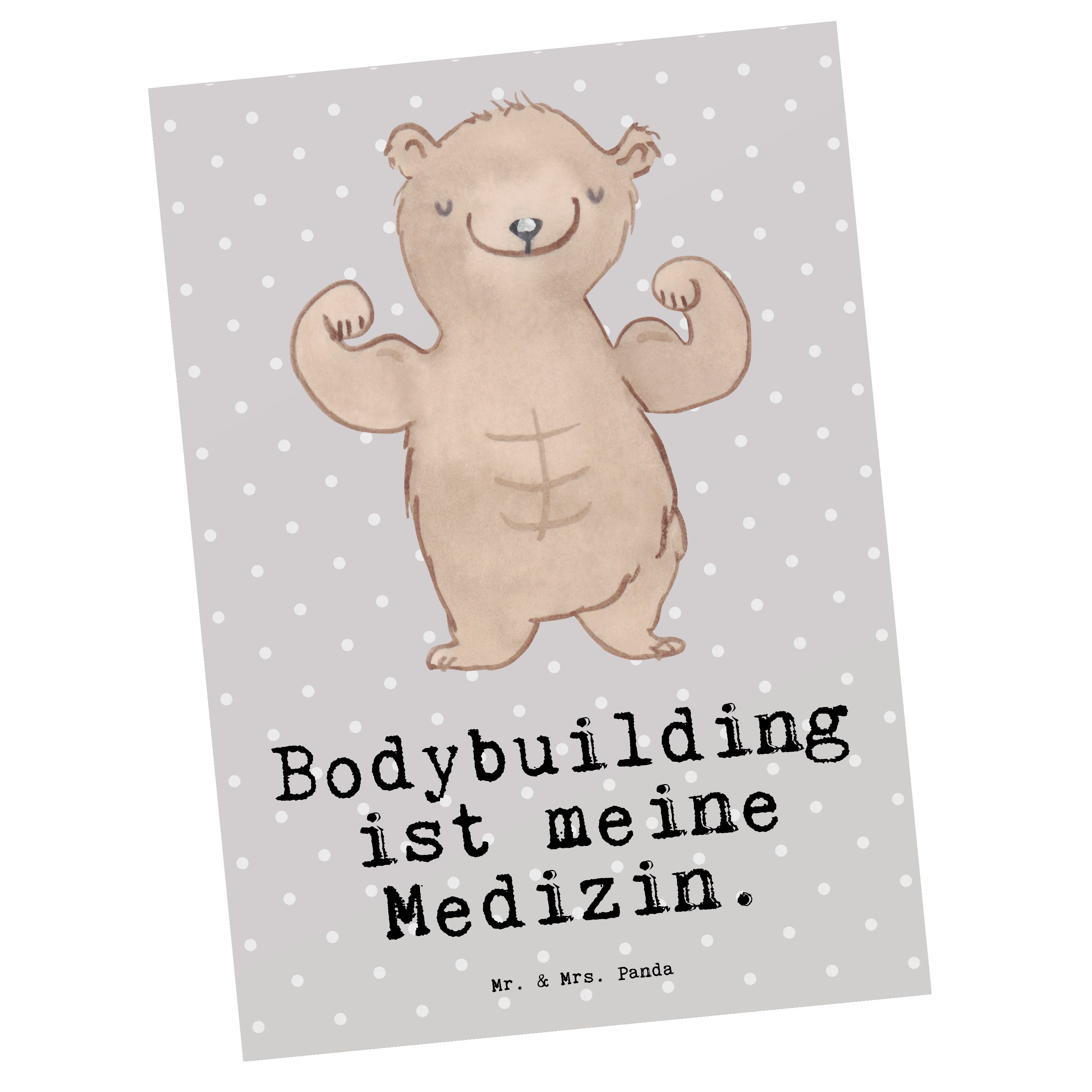 Mr. & Mrs. Panda Postkarte Bär Bodybuilding Medizin - Grau Pastell - Geschenk, Geburtstagskarte