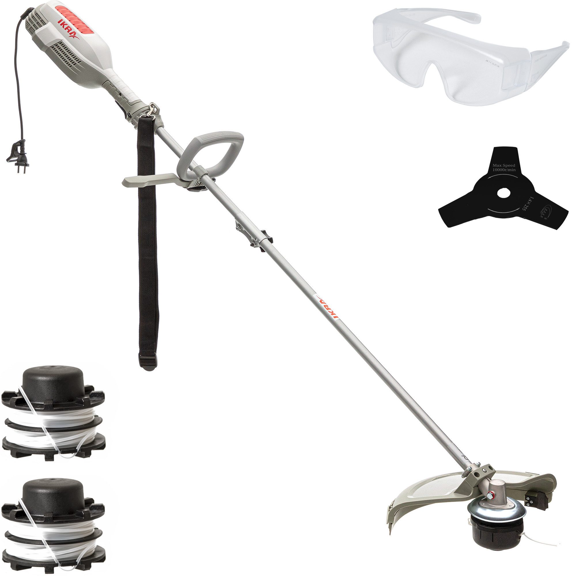 ikra GmbH Elektro-Motorsense IES 1000 C, 23 cm cm Arbeitsbreite Messer, 37 cm cm Arbeitsbreite Faden, mit 2 Fadenspules, 3-Zahn-Messer, Schultergurt & Schutzbrille