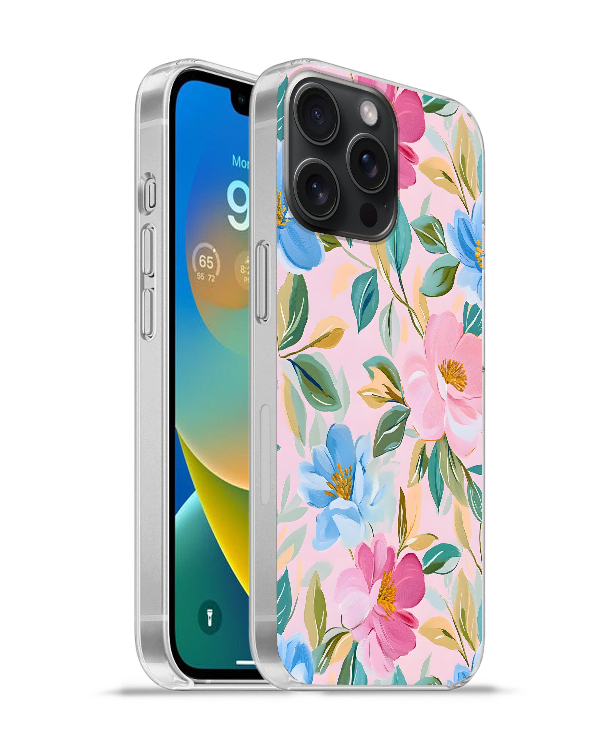 MuchoWow Handyhülle für Apple iPhone 15 Pro Max Blau - Rosa - Blumen, Smartphone-Bumper, Print, Handy Schutzhülle Dünn