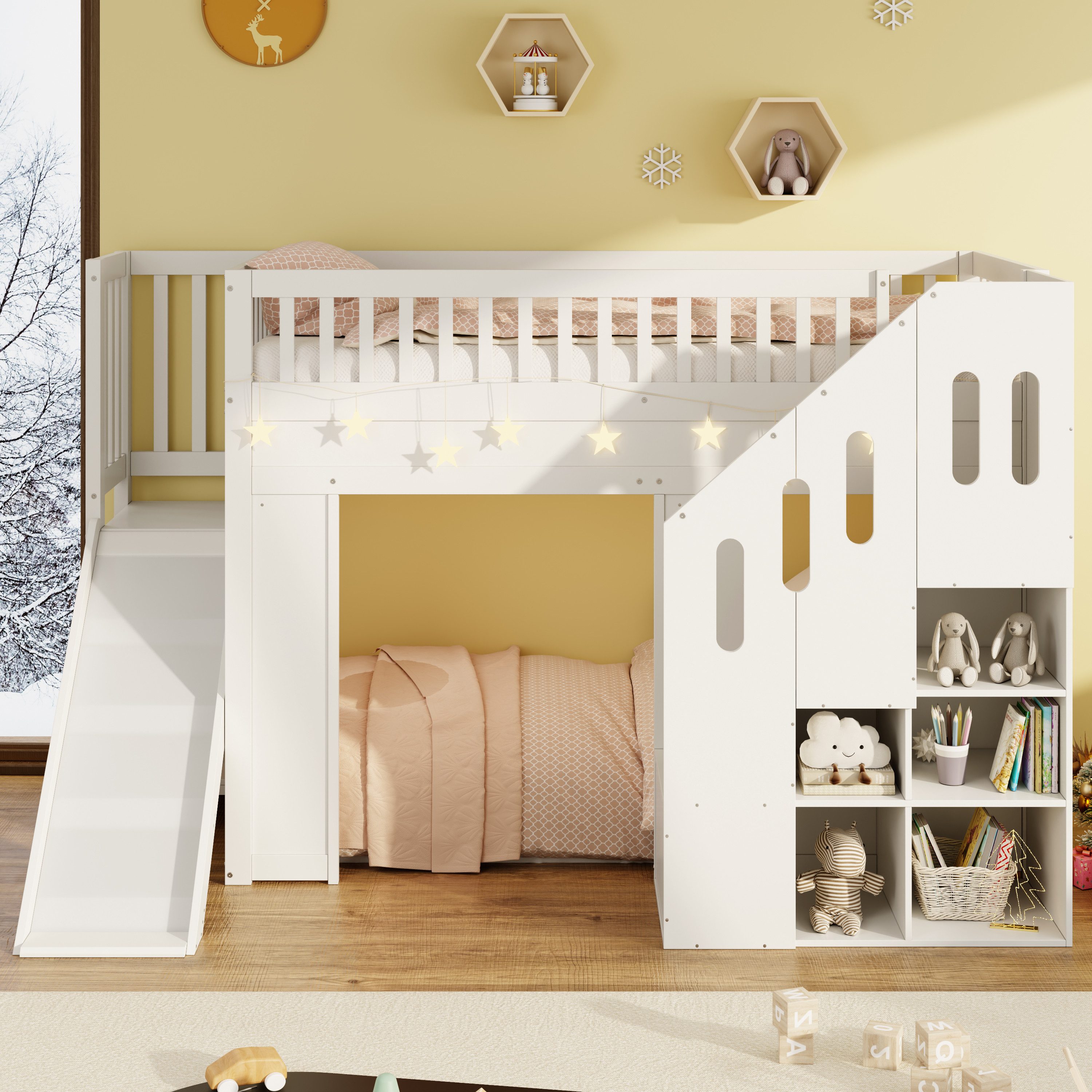 Flieks Etagenbett, Hochbett Kinderbett 90x200cm mit Rutsche Stauraumtreppe LED-Leiste