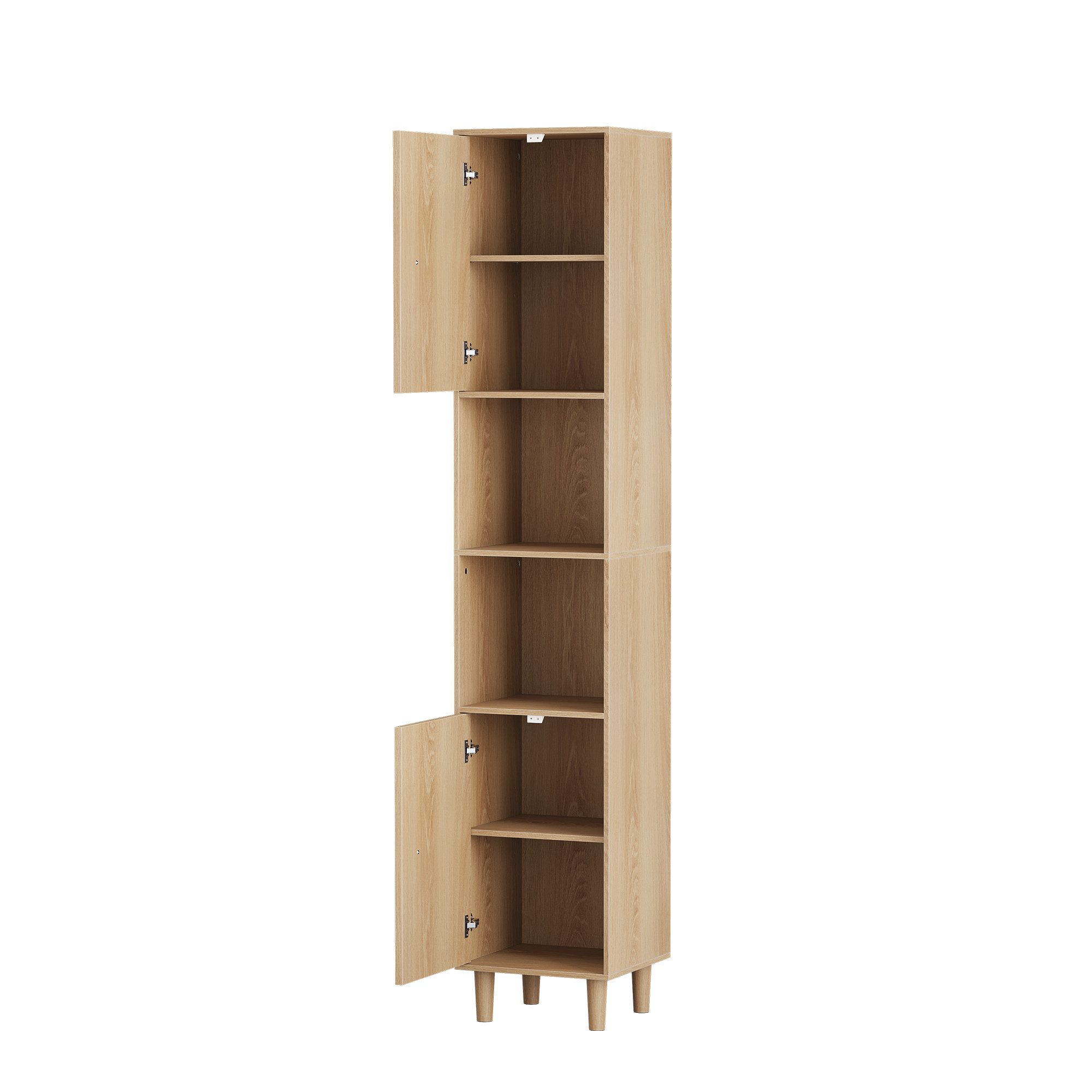 Yorbay Badkommode Badezimmerschrank schmal, Hochschrank mit Türen und offenen Fächern, Freistehender Badschrank mit verstellbaren Einlegeböden, Eiche Optik – Bild 2 von 5