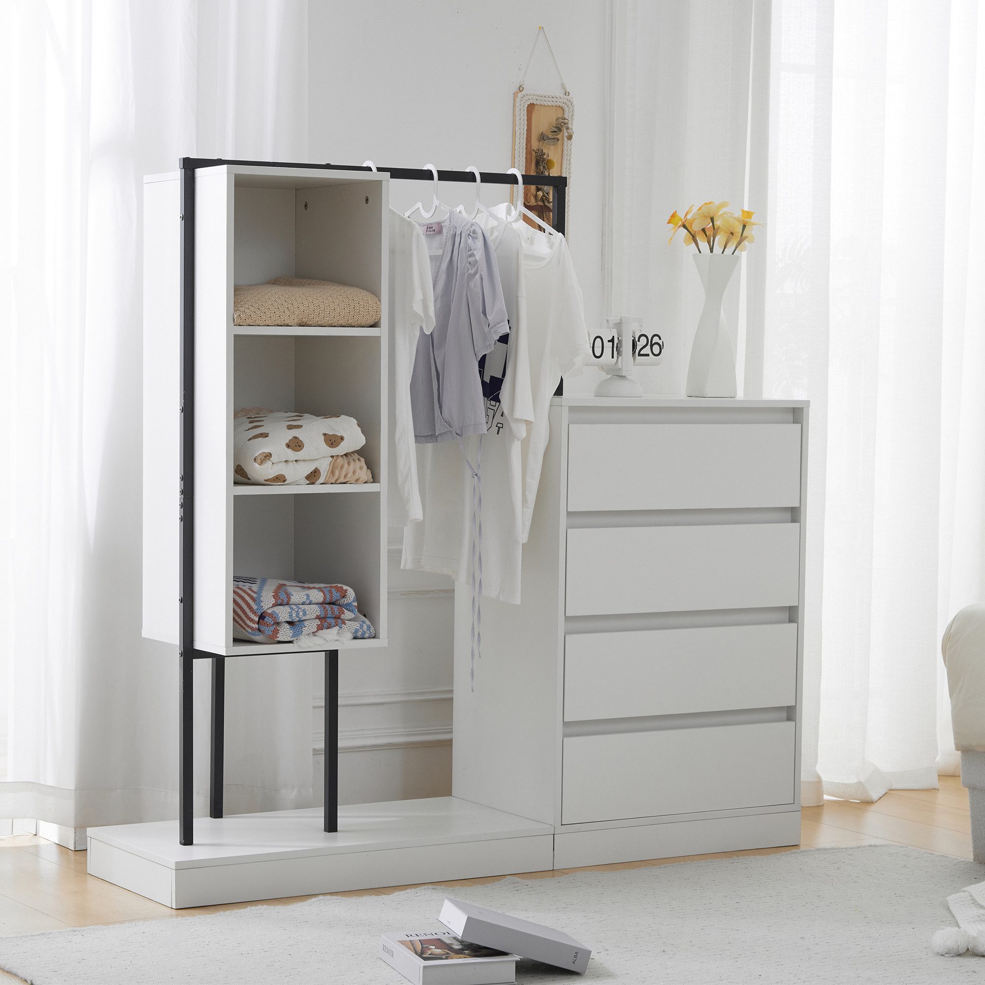 STILVORA Garderoben-Set mit Schubladen,Wandgarderoben Garderobenständer mit Kleiderstange, (Schubladenschrank, Kleiderschrank-Set, 1-St., mit 4 Schublade, Kleiderbereich und 3 offener Fächer), weißer Kleiderschrank, Kleiderstange