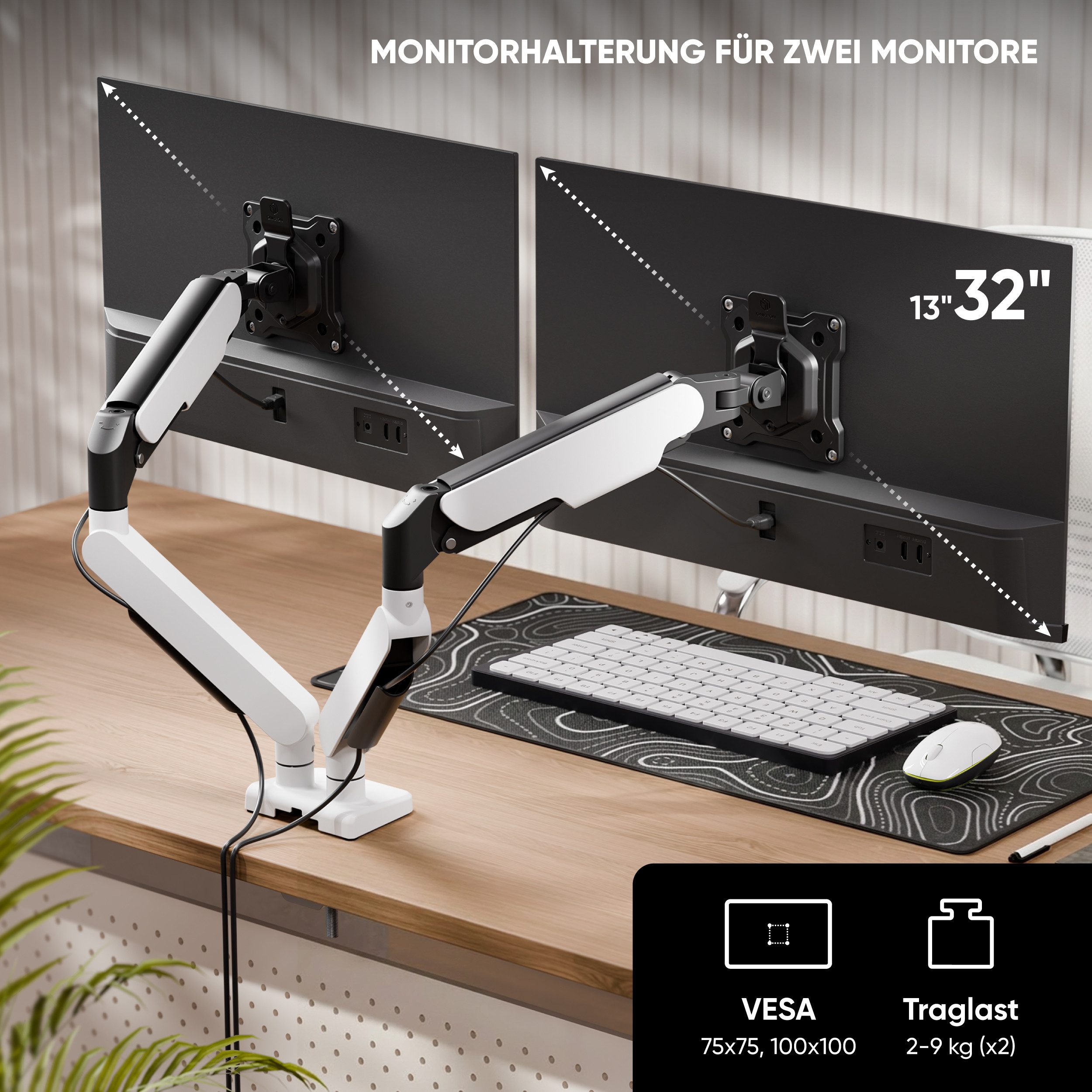 ONKRON Monitor-Halterung 13-32 Zoll, bis 9 kg pro Arm, VESA 75x75-100x100, G250-BW, (bis 32 Zoll, schwenkbar, drehbar, neigbar, Gasdruckfeder, Kabelmanagement) – Bild 2 von 5