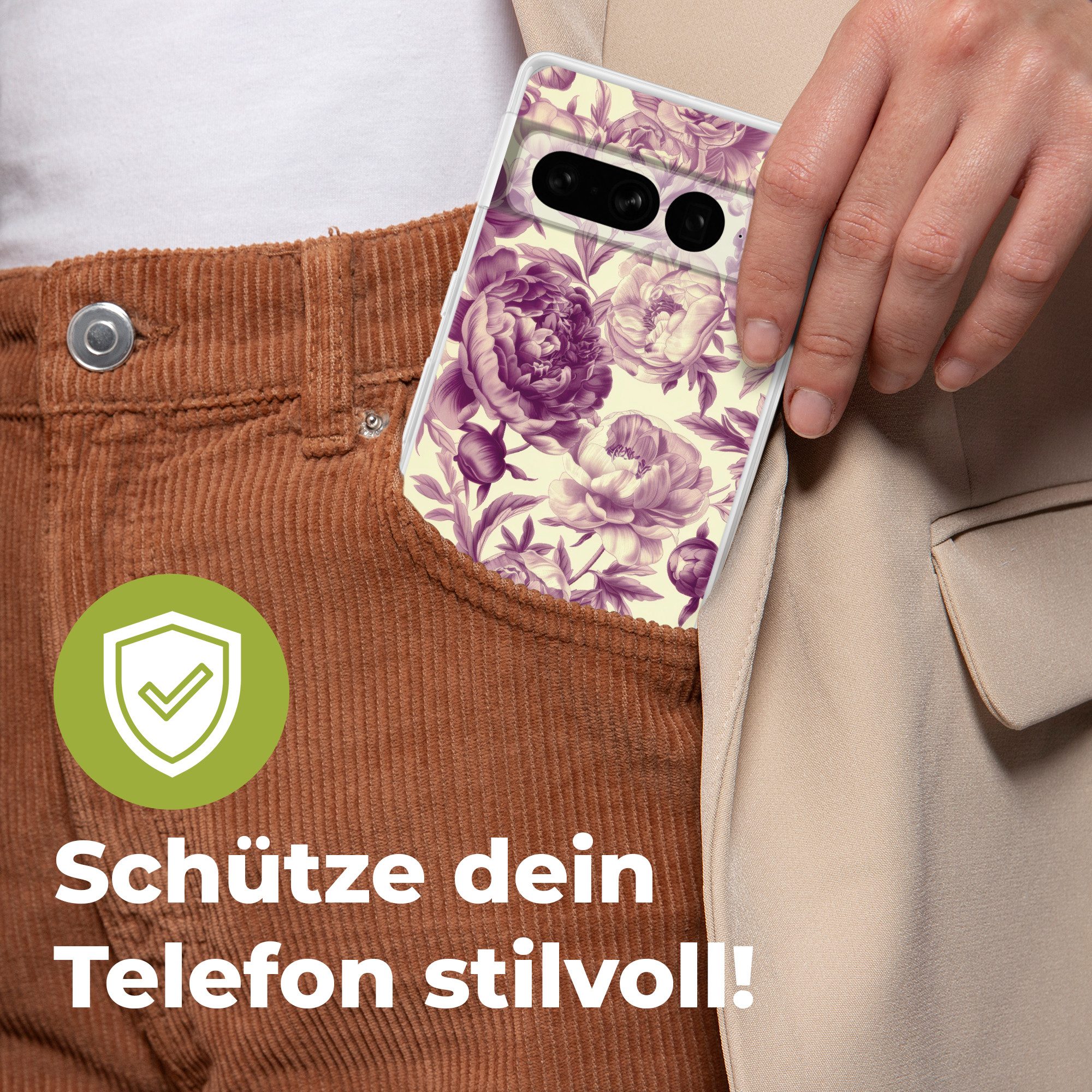 MuchoWow Handyhülle für Google Pixel 7 Pro Blumen - Muster - Lila - Beige, Phone Case, Silikon, Schutzhülle Dünn