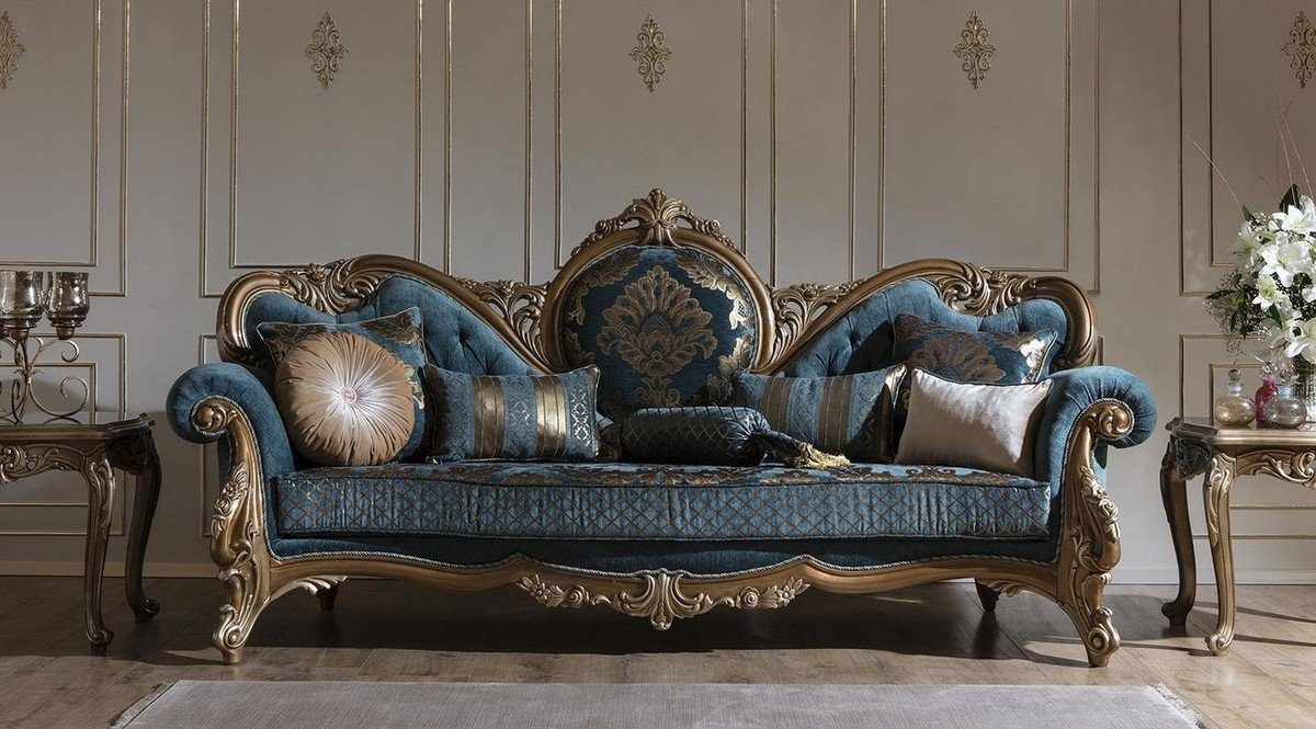 Casa Padrino Sofa Luxus Barock Sofa Blau / Gold 260 x 90 x H. 125 cm -  Prunkvolles Wohnzimmer Sofa mit elegantem Muster und dekorativen Kissen -  Barock Möbel