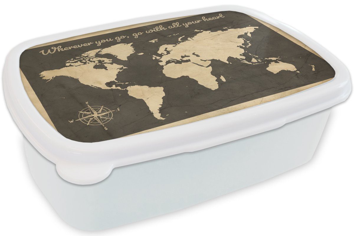 Weltkarte weiß Lunchbox Jungs Mädchen Erwachsene, und (2-tlg), Brotdose, Brotbox Kompassrose Kinder für Kunststoff, - Zitat, - und für MuchoWow