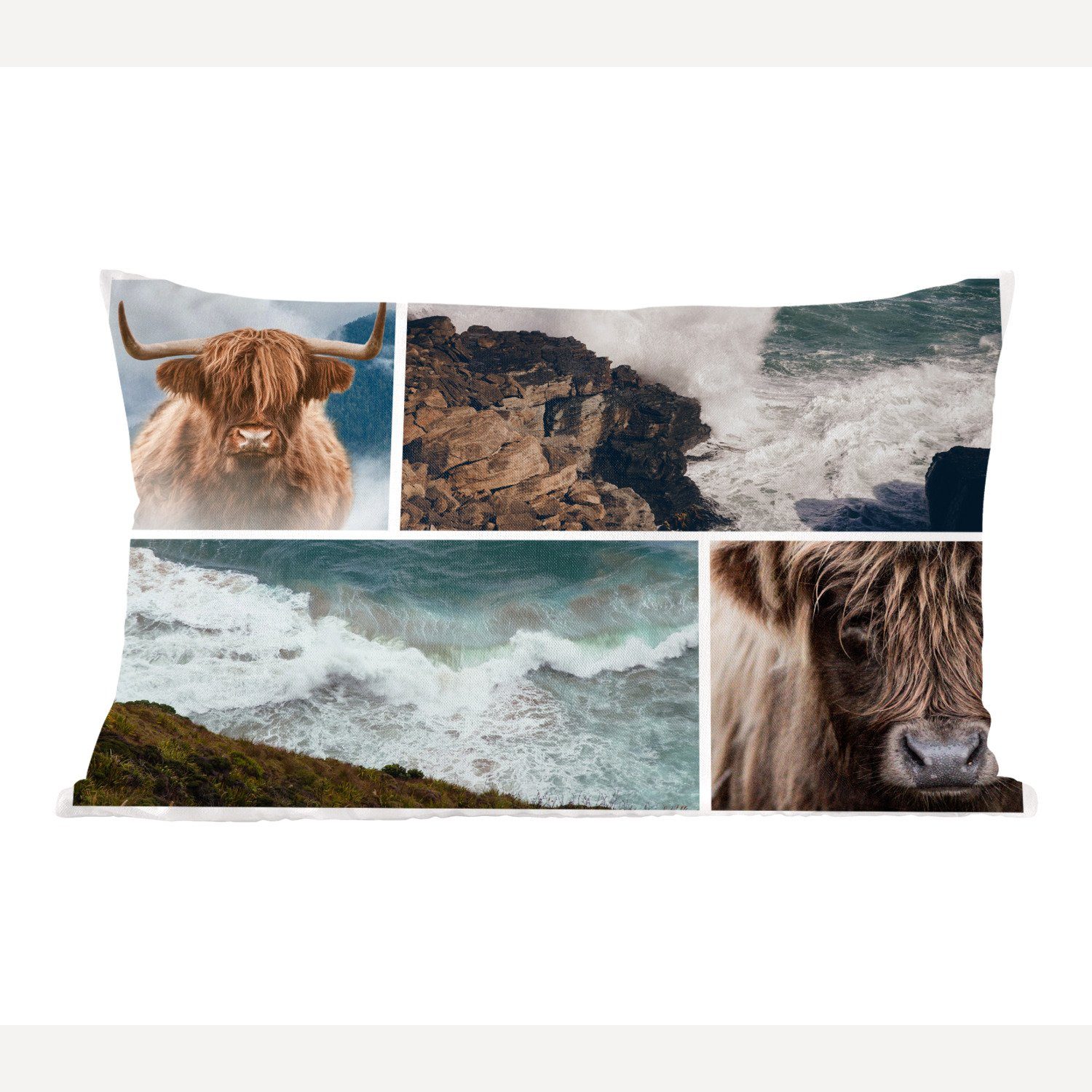 MuchoWow Dekokissen Collage - Schottischer Highlander - Meer, Wohzimmer Dekoration, Zierkissen, Dekokissen mit Füllung, Schlafzimmer