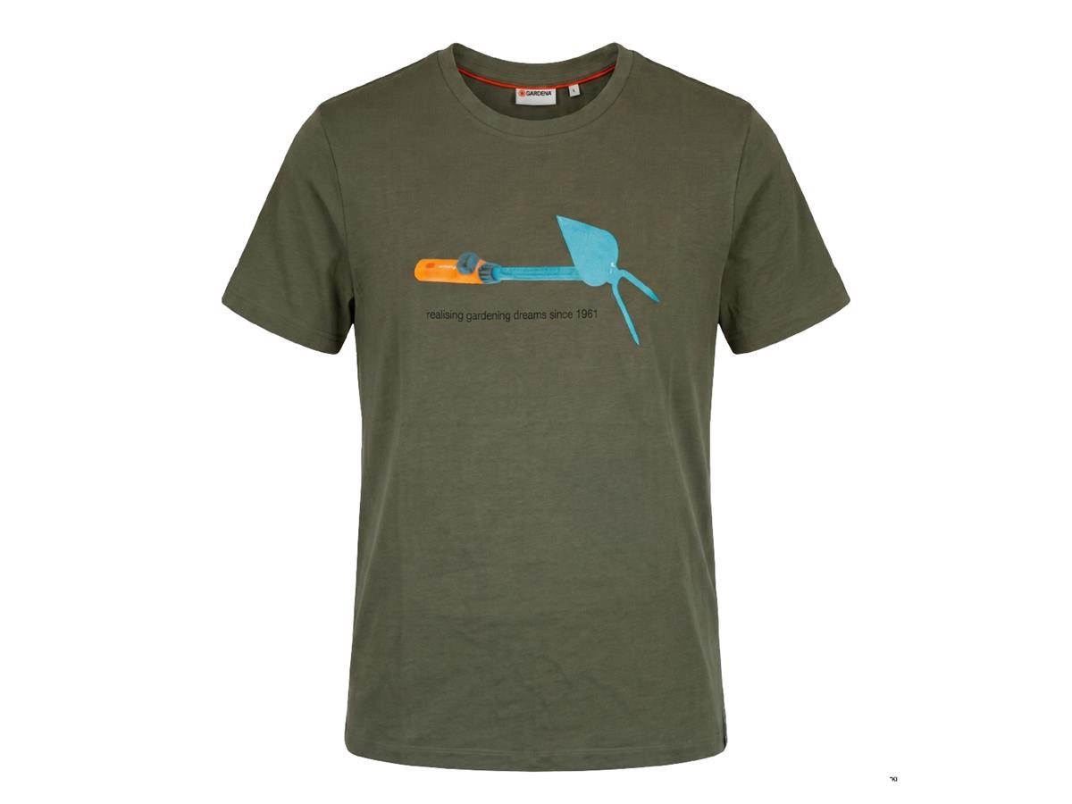 GARDENA T-Shirt mit Printdruck vorne, staubiges Olivgrün, Gr. L Print Unkrauthacke Motiv Rundhals Kurzarm