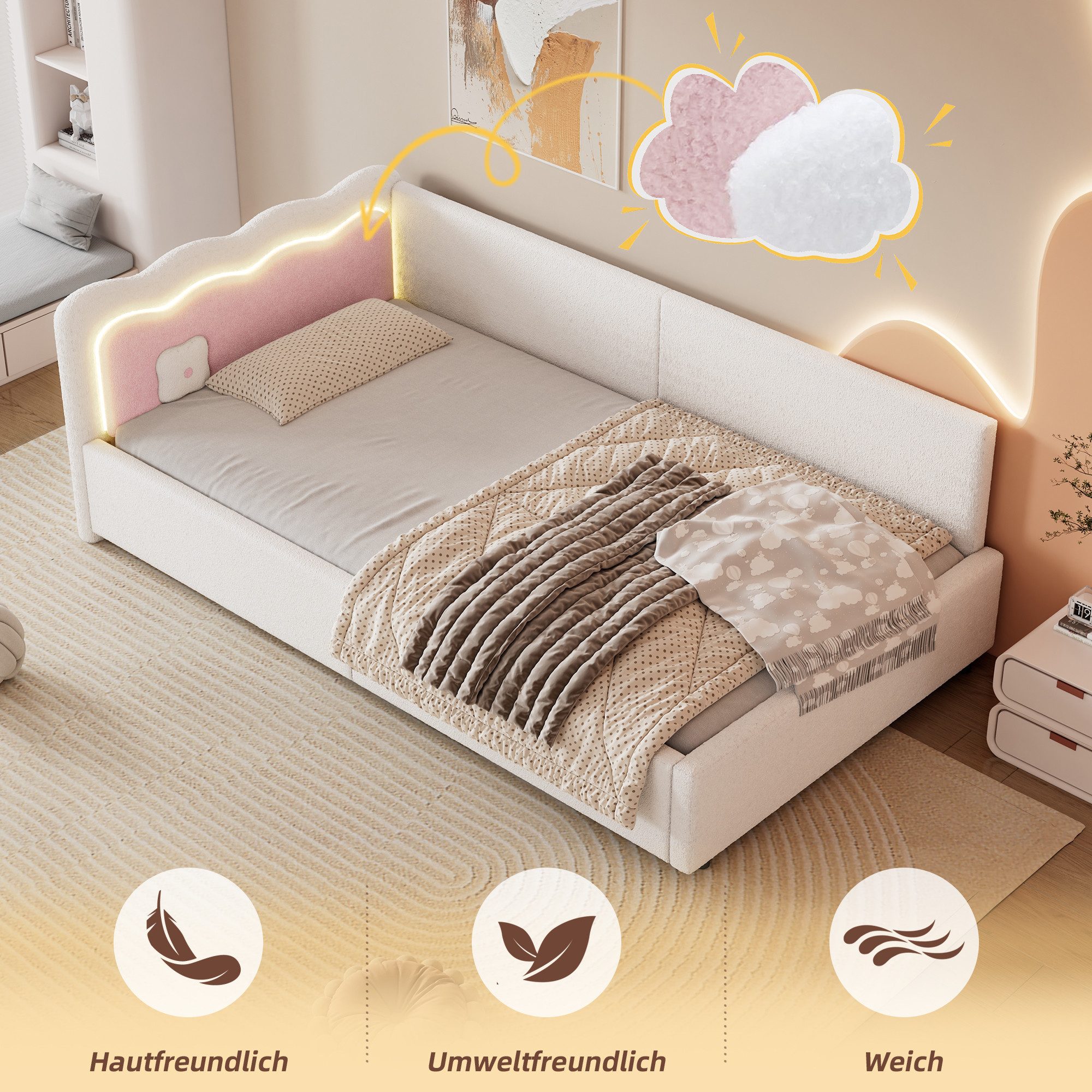 TavilaEcon Schlafsofa mit LED-Umgebungslicht, Fernbedienung und Lattenrost, 90×200cm