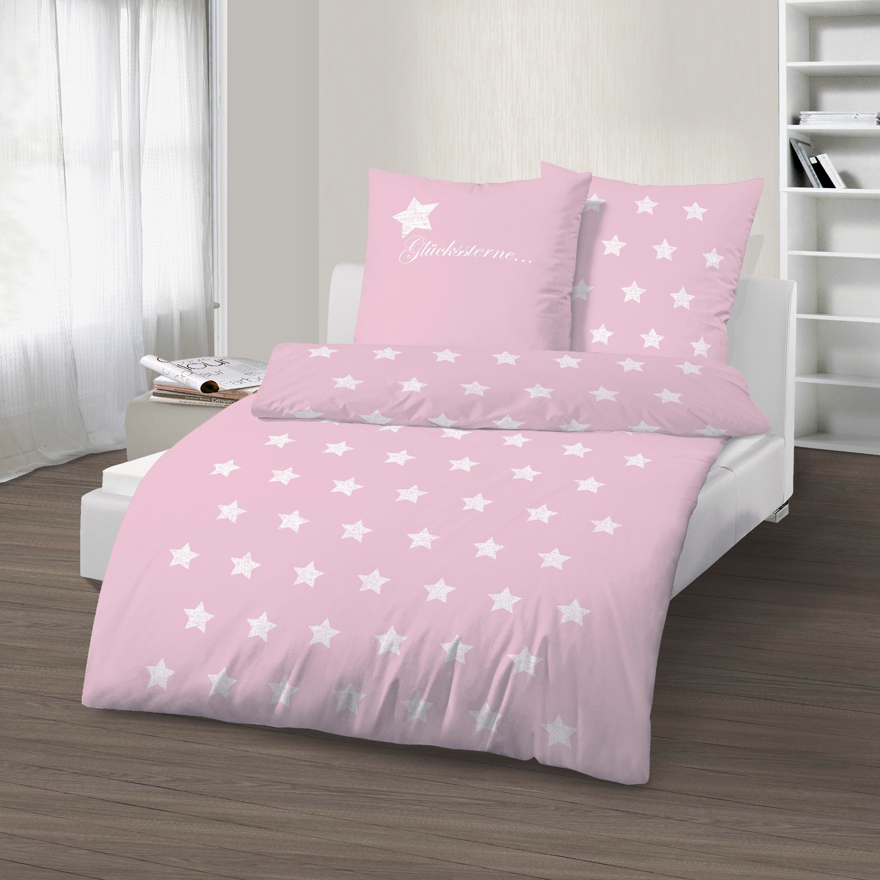 DOBNIG Babybettwäsche Renforcé Kinderbettwäsche 2tlg. 135x200 cm Sterne rosa, Renforcé, 2 teilig, Hautfreundliche Bettwäsche Rosa Sternen atmungsaktiv herbst winter
