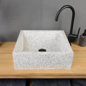 wohnfreuden Aufsatzwaschbecken Terrazzo Waschbecken THERA 42 cm in weiß mit grau gesprenkelt (Kein Set), 3_125812