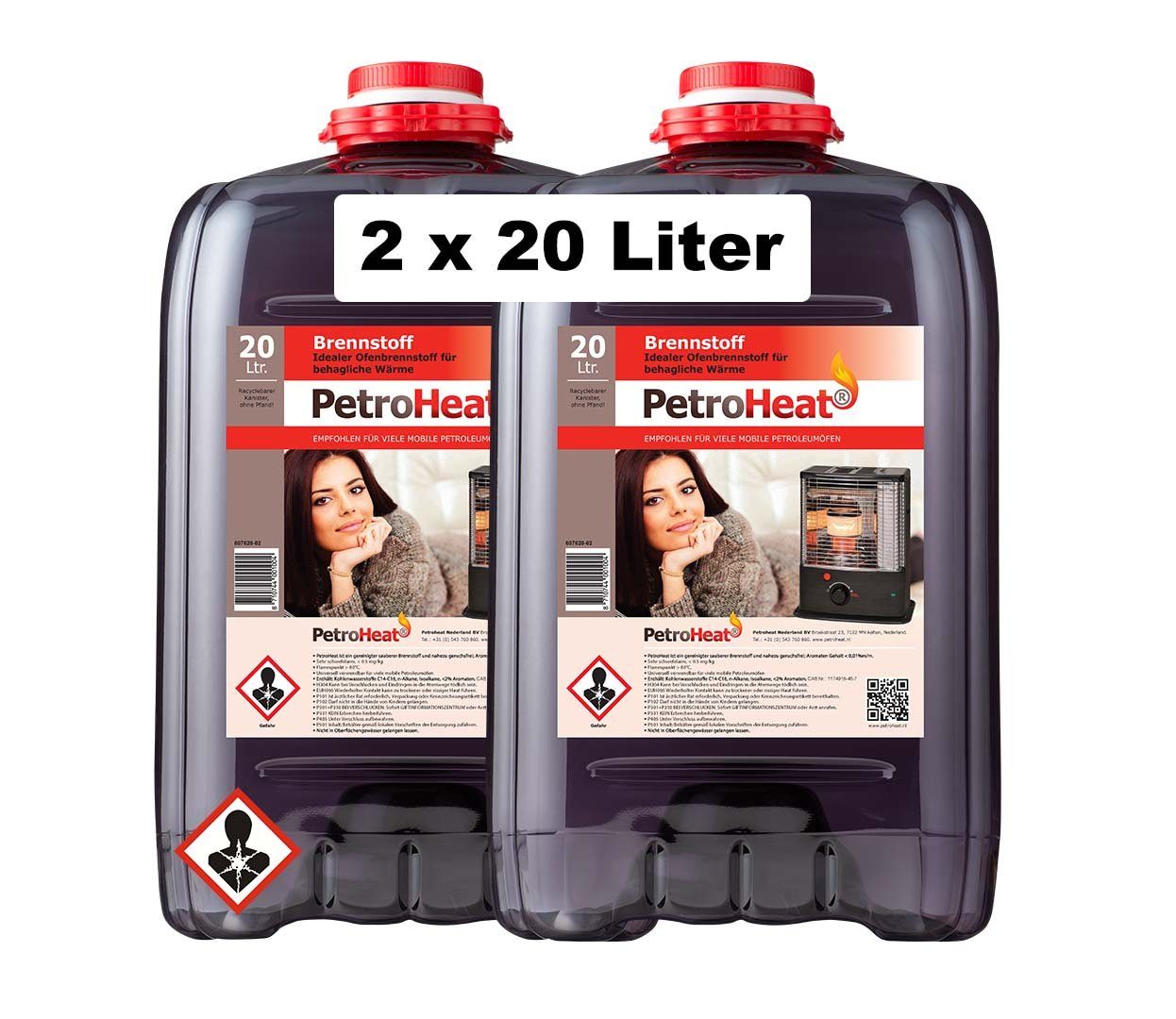 PetroHeat Petroleum 2 Kanister Petroleum-Heizung, Brennstoff Liter für für Petroleumofen, á Petroleumöfen, 20 mobile geruchsarm