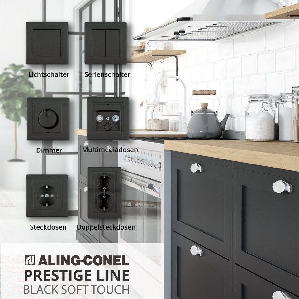 Aling Conel Lichtschalter Prestige Line Unterputz-Taster Schwarz Soft Touch  (Packung), VDE-zertifiziert
