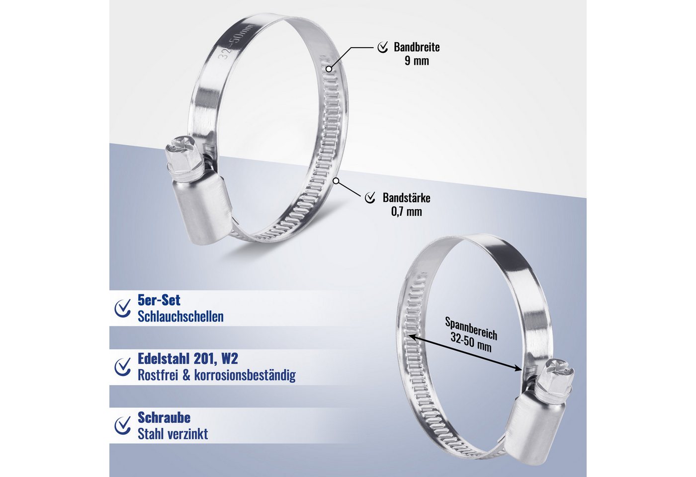 Thumbnail - Poppstar Schlauchschelle Edelstahl-Schellen (Bandbreite 9mm) 5er-Set, (Spannbereich 32-50mm), Rohrschellen verstellbar W...