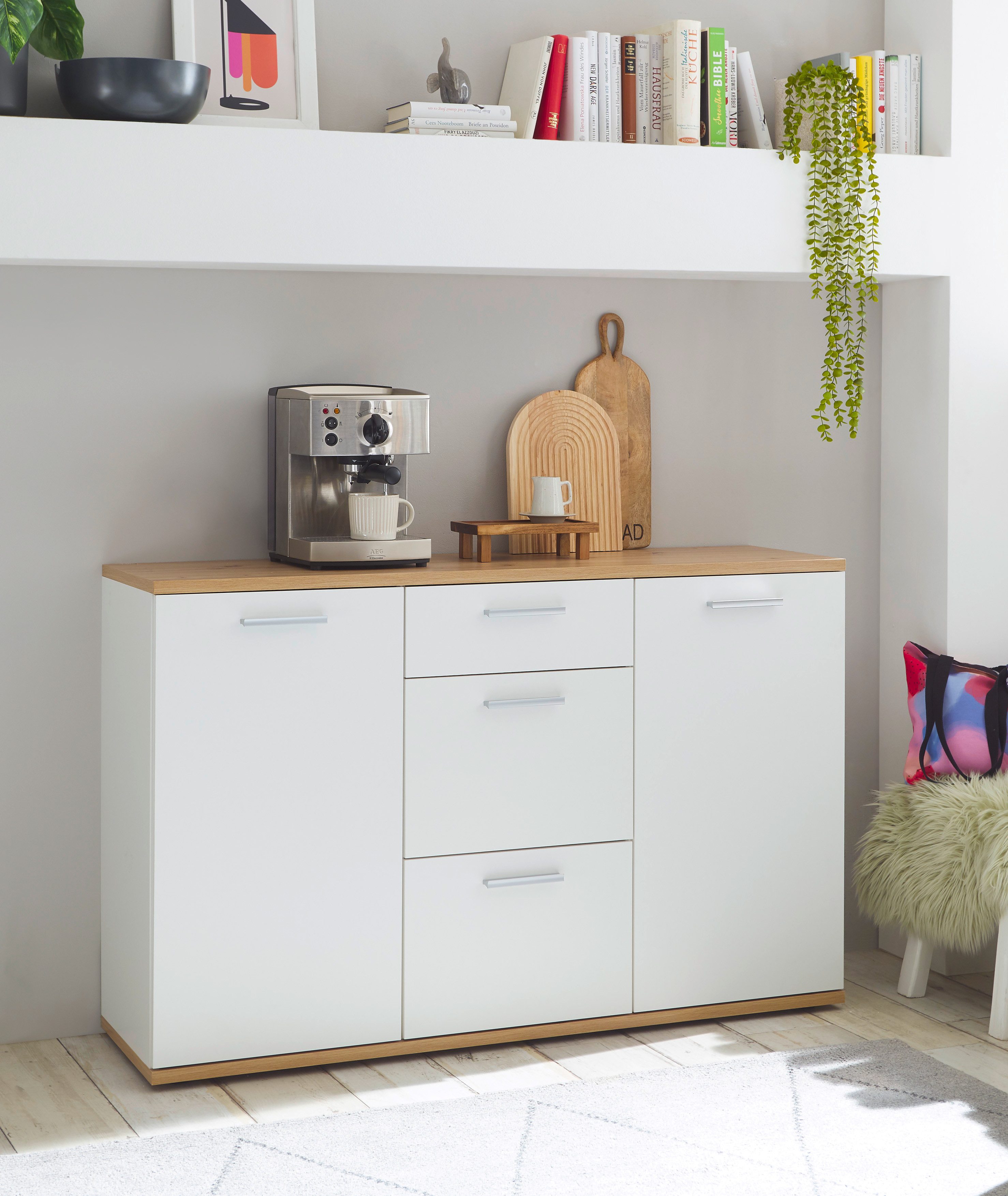 HBZ Kommode BC1035 weiß matt, BxHxT 135x86x38 cm, Kommode mit 2 Türen, 3 Schubkästen, 2 Einlegeböden