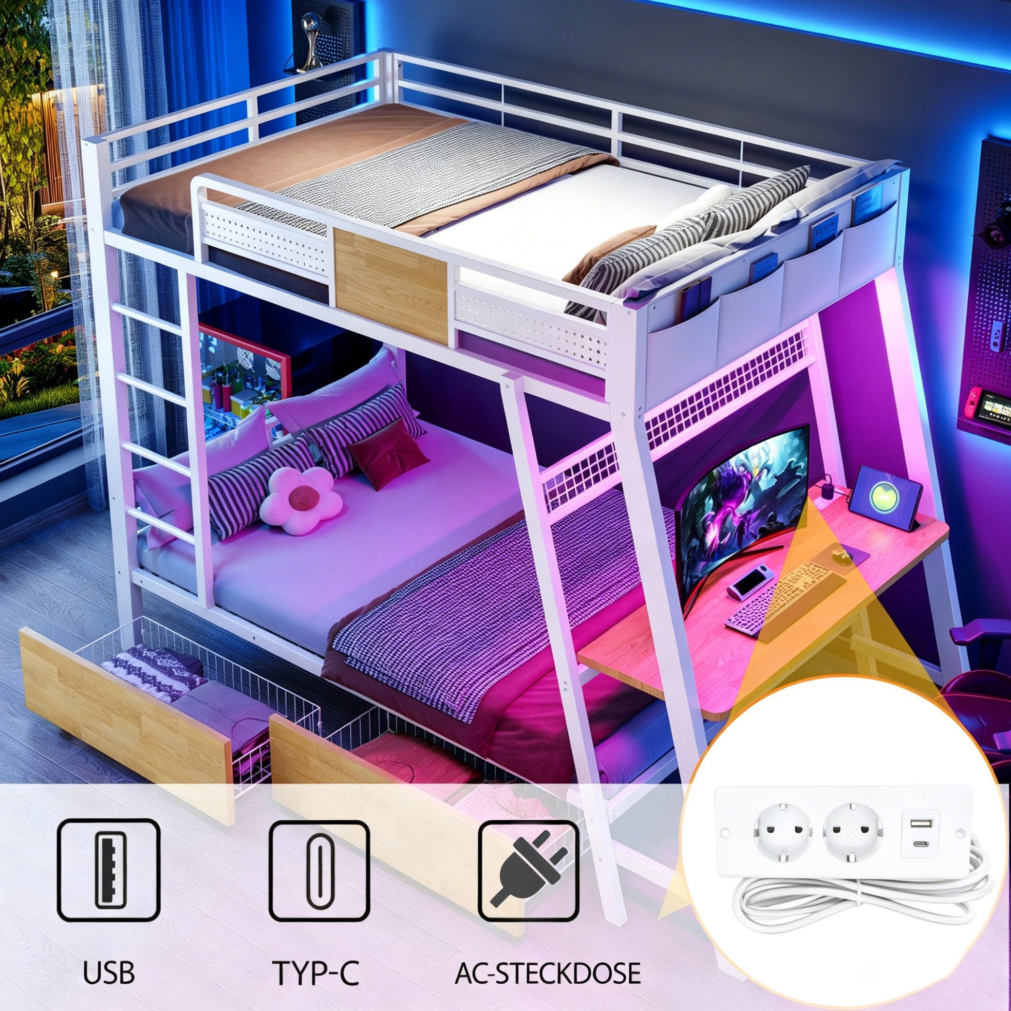 MODFU Etagenbett Eisenbett mit Schreibtisch für Gaming, LED-Lichtband, Steckdosen (90x200 cm, mit USB-Anschlüssen und zusätzlichem Stauraum, Kinderbett), Jugendbett, ohne Matratze