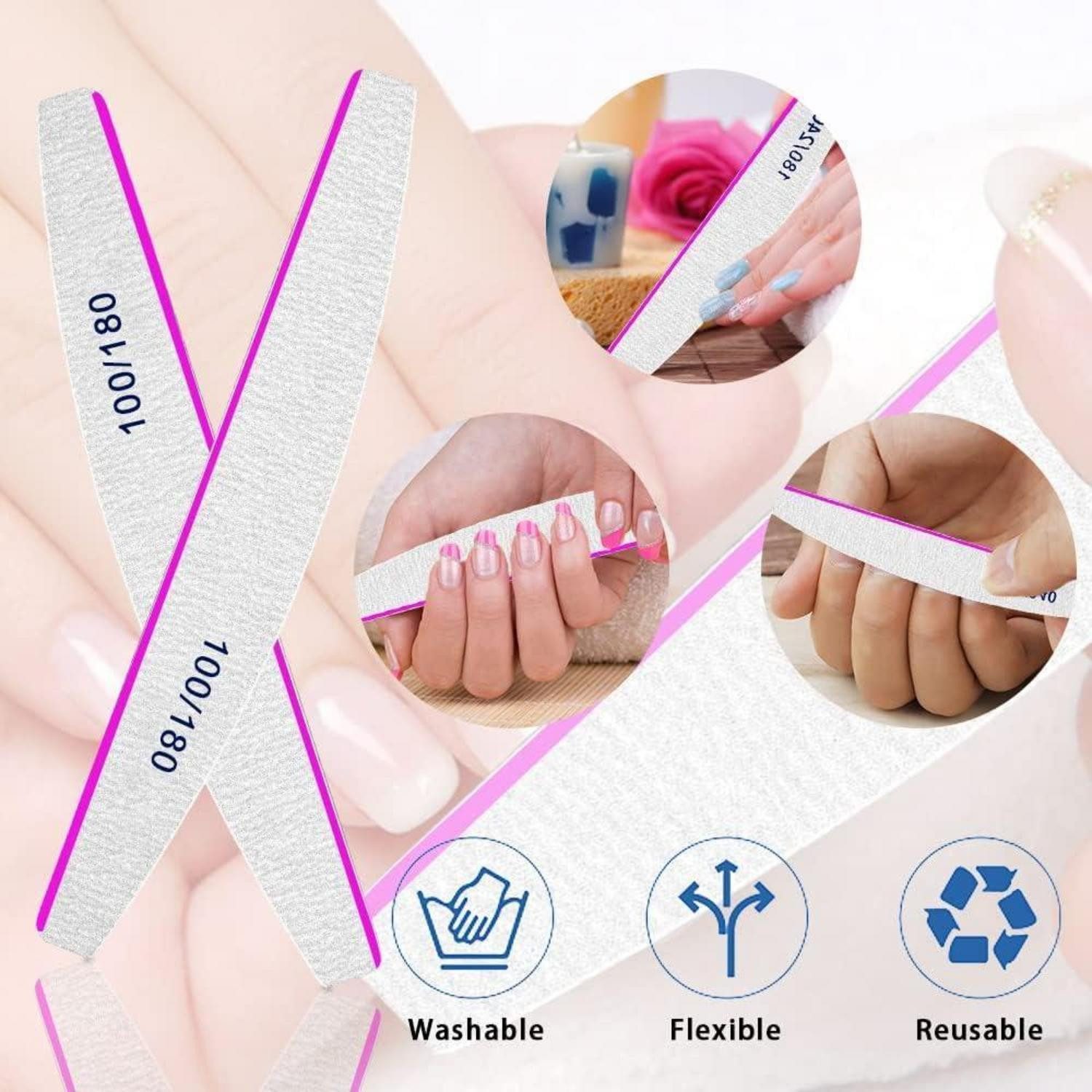 BLESWIN Sandblatt-Nagelfeile 50er Set Nagelfeilen 100/180 für Gelnägel Acryl Profi, Waschbar