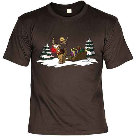 Tini - Shirts Print-Shirt T-Shirt Weihnachten Comic : Rentier mit Schlitten Rudolph T-Shirt, Weihnachten, Weihnachtsfeier, Advent