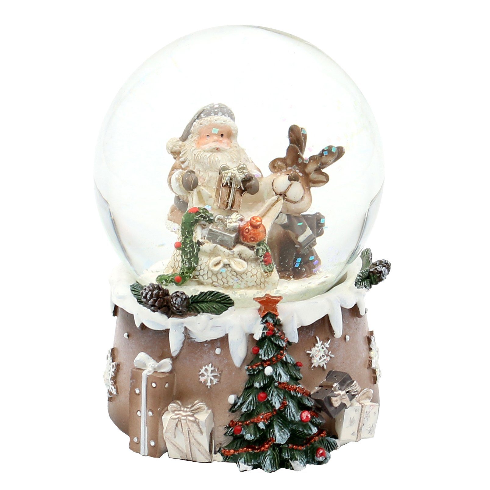 mit verziertem Weihnachtsmann Elch (1 aufwendig Dekohelden24 auf Schneekugel Sockel, St) Schneekugel