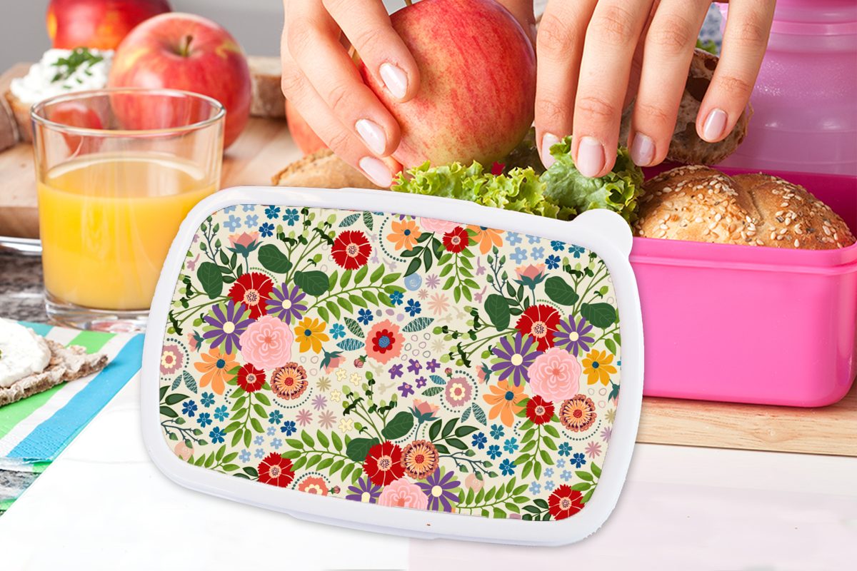 MuchoWow Lunchbox Blätter Brotbox Kunststoff - - Blumen Brotdose Design, Erwachsene, (2-tlg), für Mädchen, Kunststoff, Snackbox, rosa Kinder