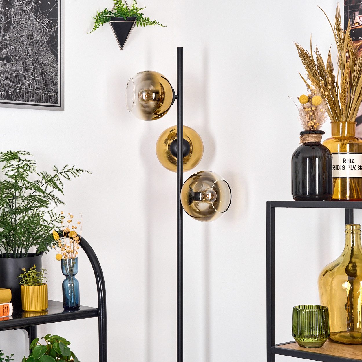 hofstein Stehlampe Stehlampe aus Metall/Glas in Schwarz/Goldfarben/Klar, ohne Leuchtmittel, Stehleuchte Retro/Vintage, Ø Schirme 15 cm, Fußschalter, 160 cm, E14