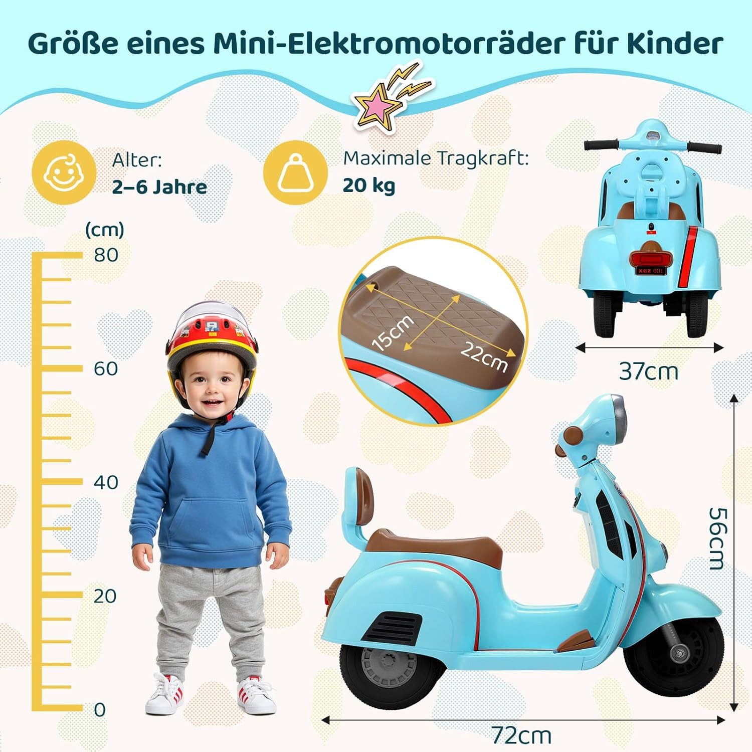 TLGREEN Elektro-Kinderquad,Kinder Elektro Motorrad 6V,2 km/h Spielmotorrad mit Musik & Licht, bis 20 kg, Dreirad für Jungen Mädchen, 72 x 56 x 37 cm