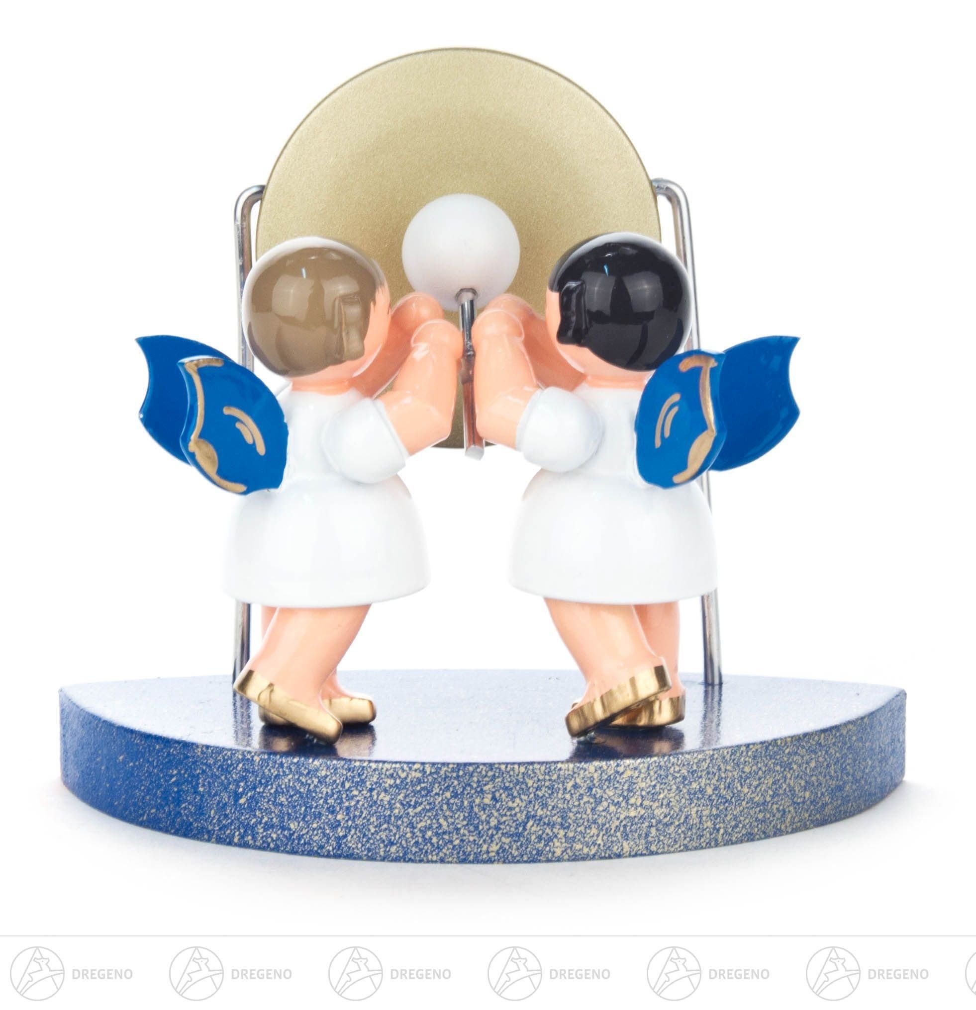 Dregeno Erzgebirge Engelfigur Engel 2 Stück,am großen Gong stehend, blaue Flügel Breite x Höhe x