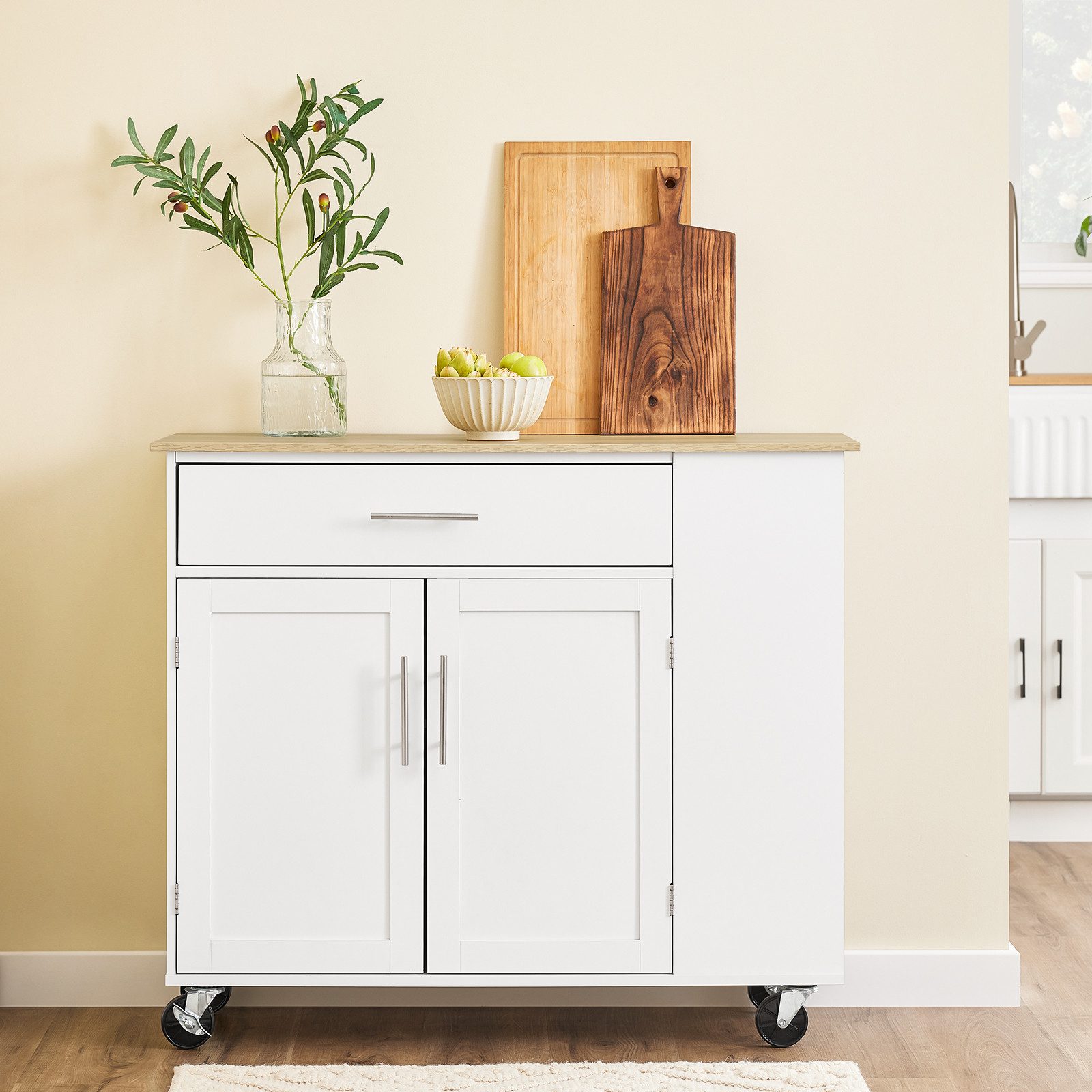 SoBuy Küchenwagen FKW108, Kücheninsel mit Arbeitsplatte, Sideboard freistehend, mit Arbeitsplatte, Servierwagen auf Rollen, Küchenschrank Esszimmer – Bild 5 von 5