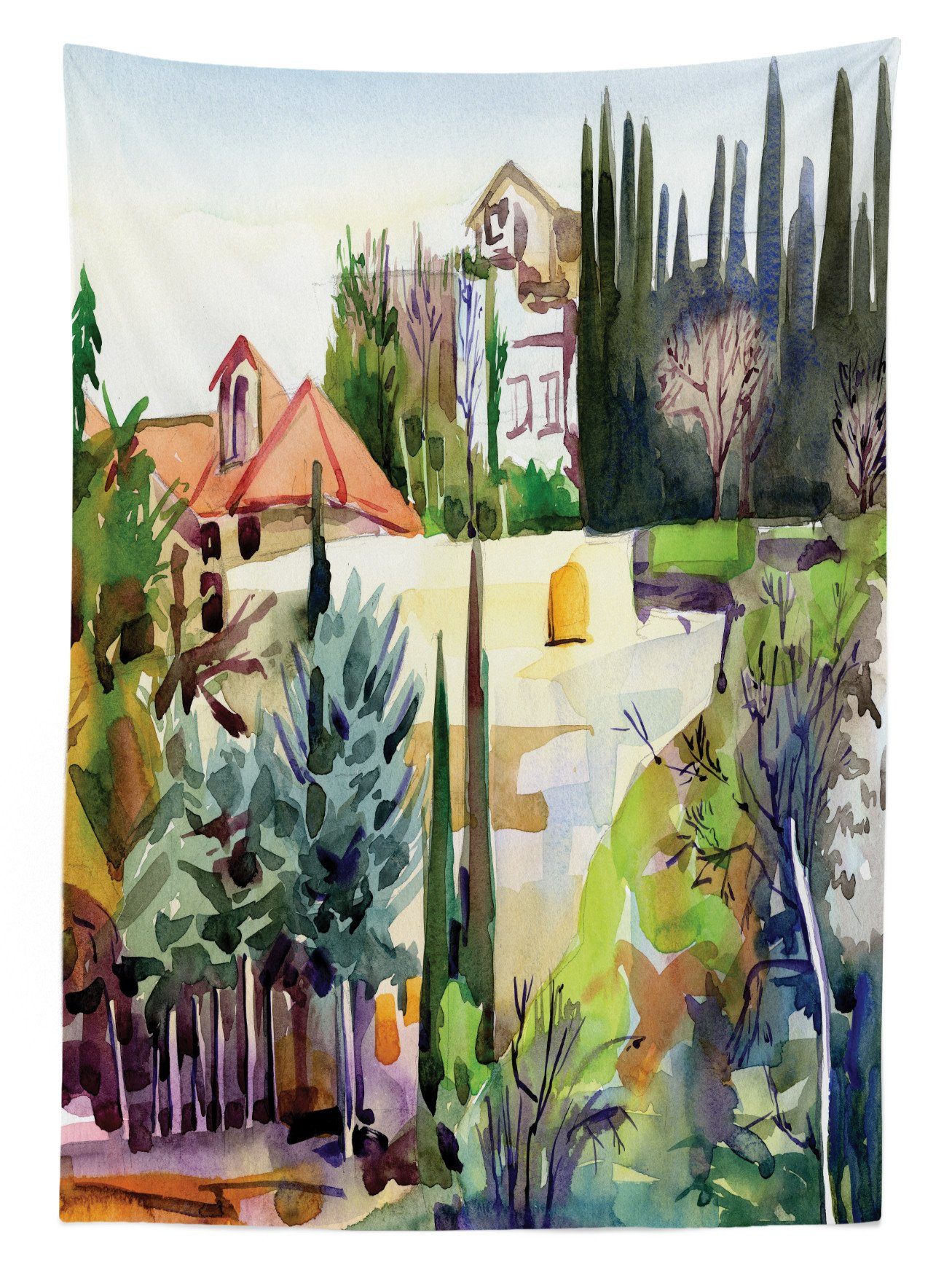 den geeignet Kunst Farben, Dorf-Landschaft Außen Klare Waschbar Bereich Farbfest Abakuhaus Tischdecke Toskana Für