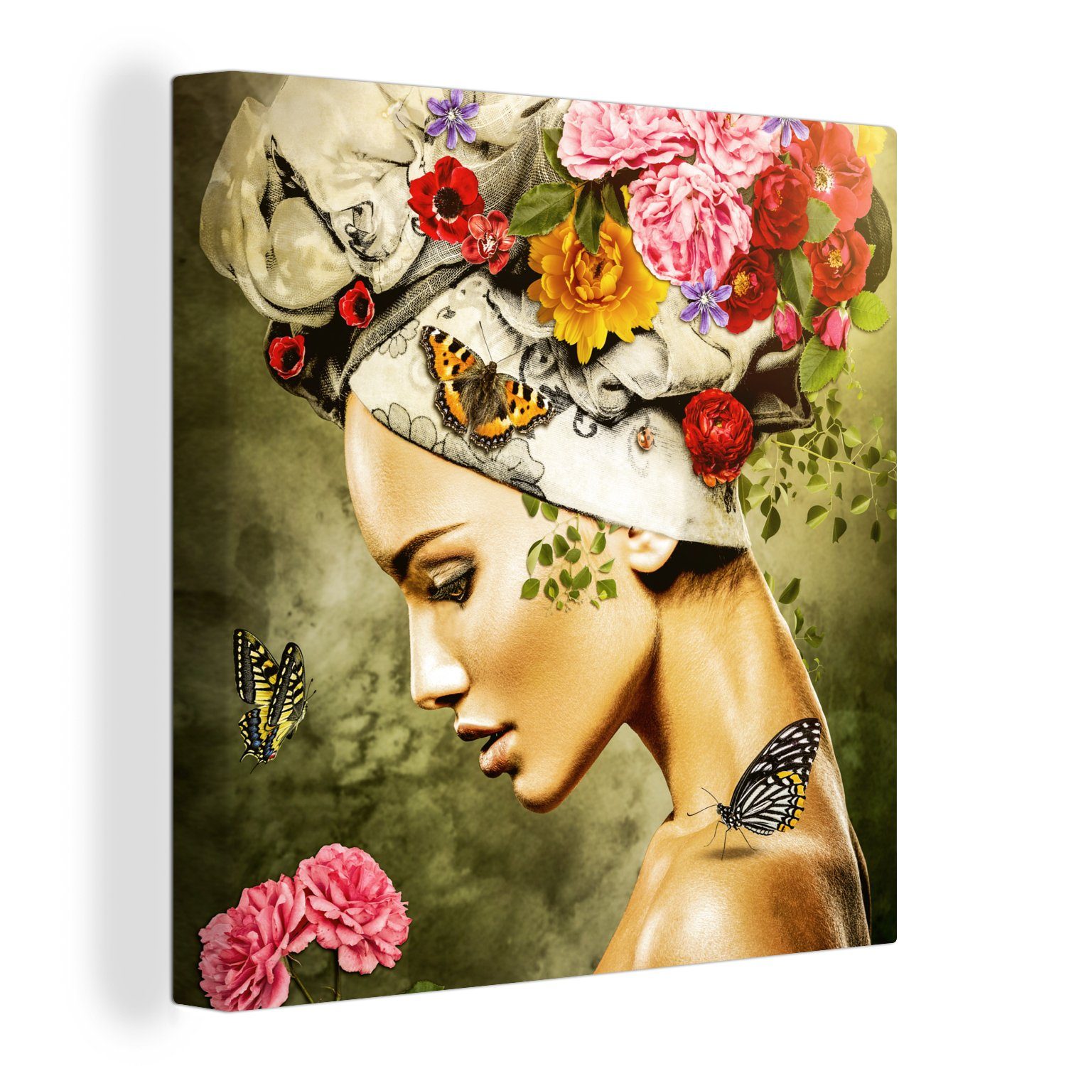 OneMillionCanvasses® Leinwandbild Frau - Blumen Wohnzimmer Kopftuch, Schlafzimmer - Farben für Schmetterlinge Rosen - Leinwand - (1 St), Bilder 