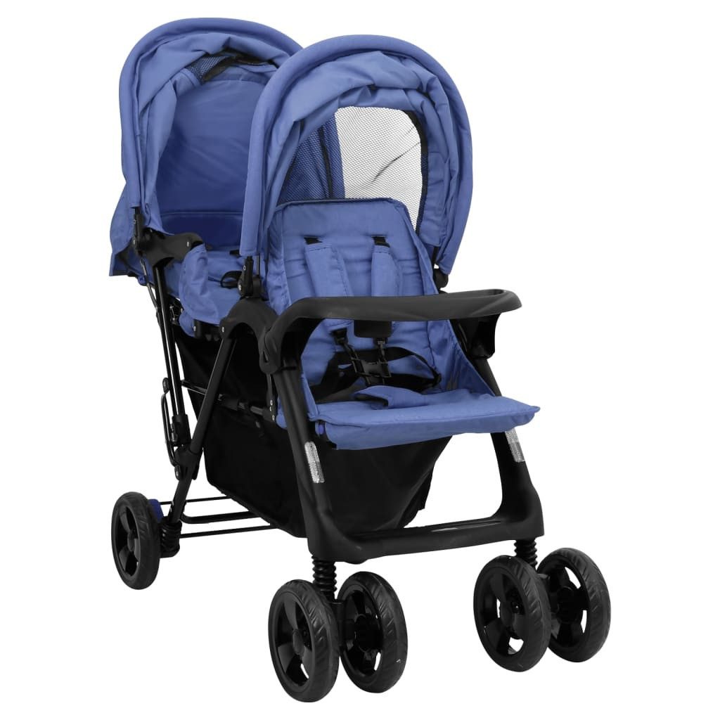 vidaXL Zwillingswagen, Tandem-Zwillingskinderwagen Marineblau Stahl